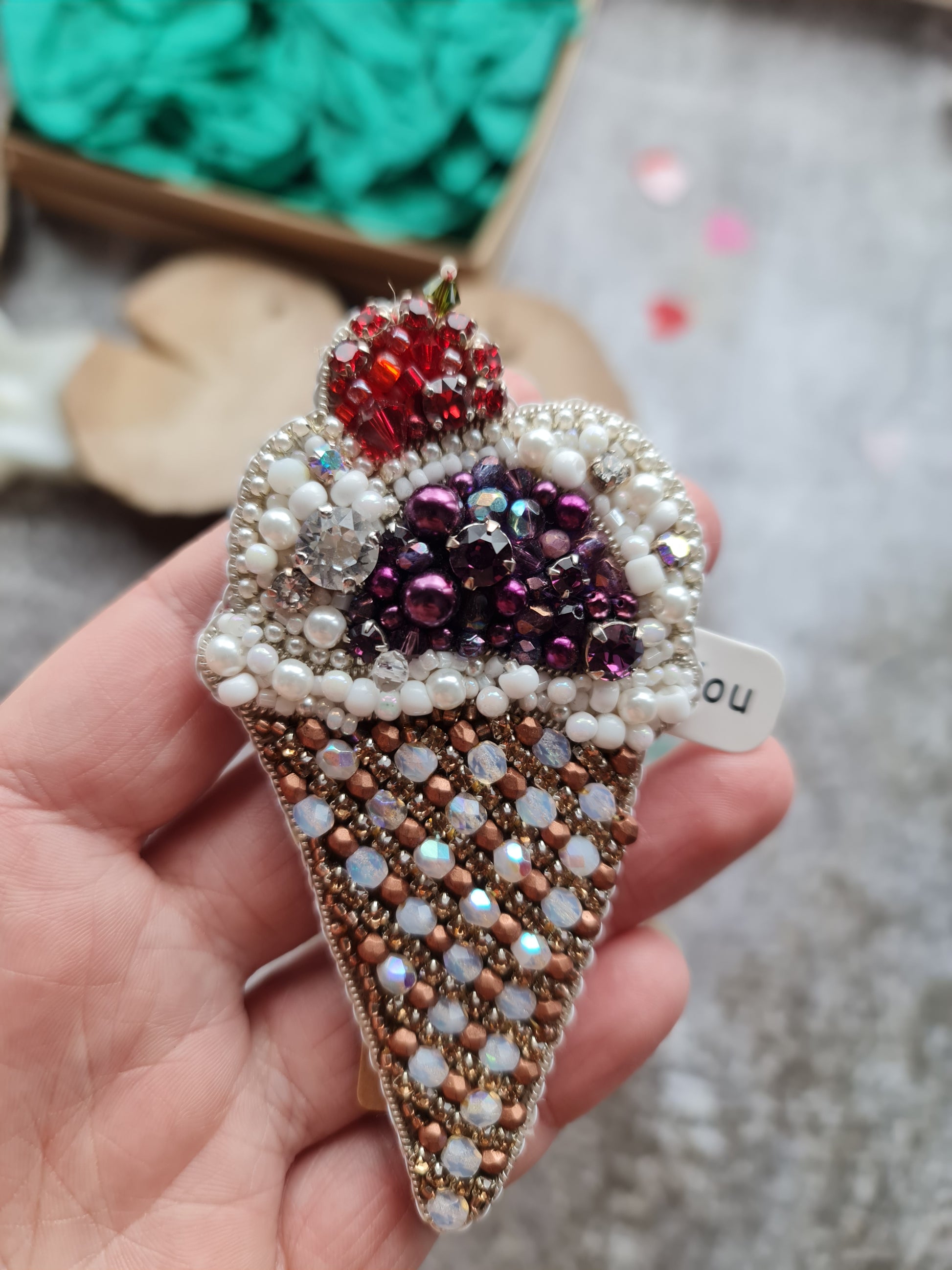 Ice Cream Cone Beaded Brooch