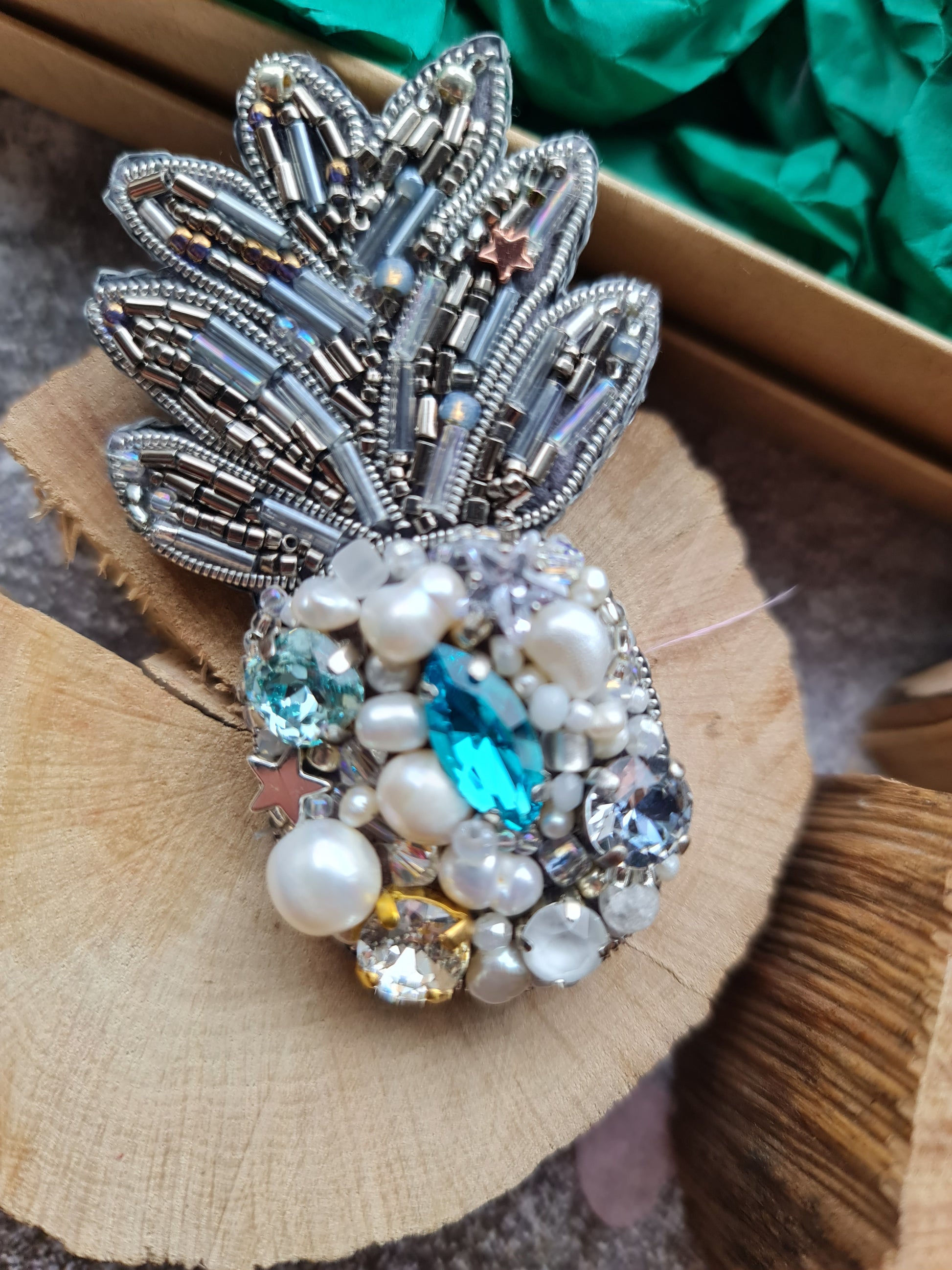 Silver Blue Pineapple Beaded Brooch