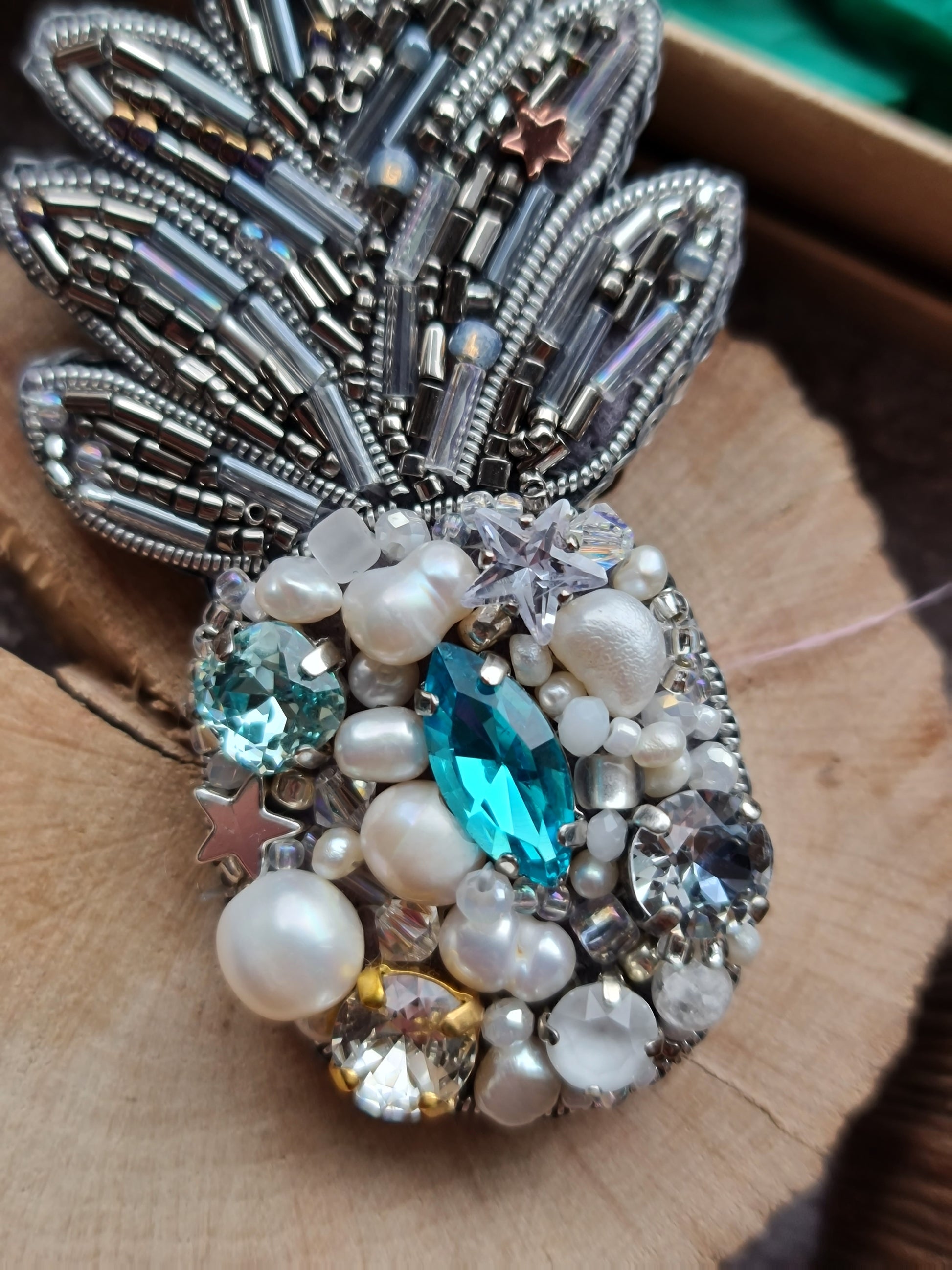 Silver Blue Pineapple Beaded Brooch