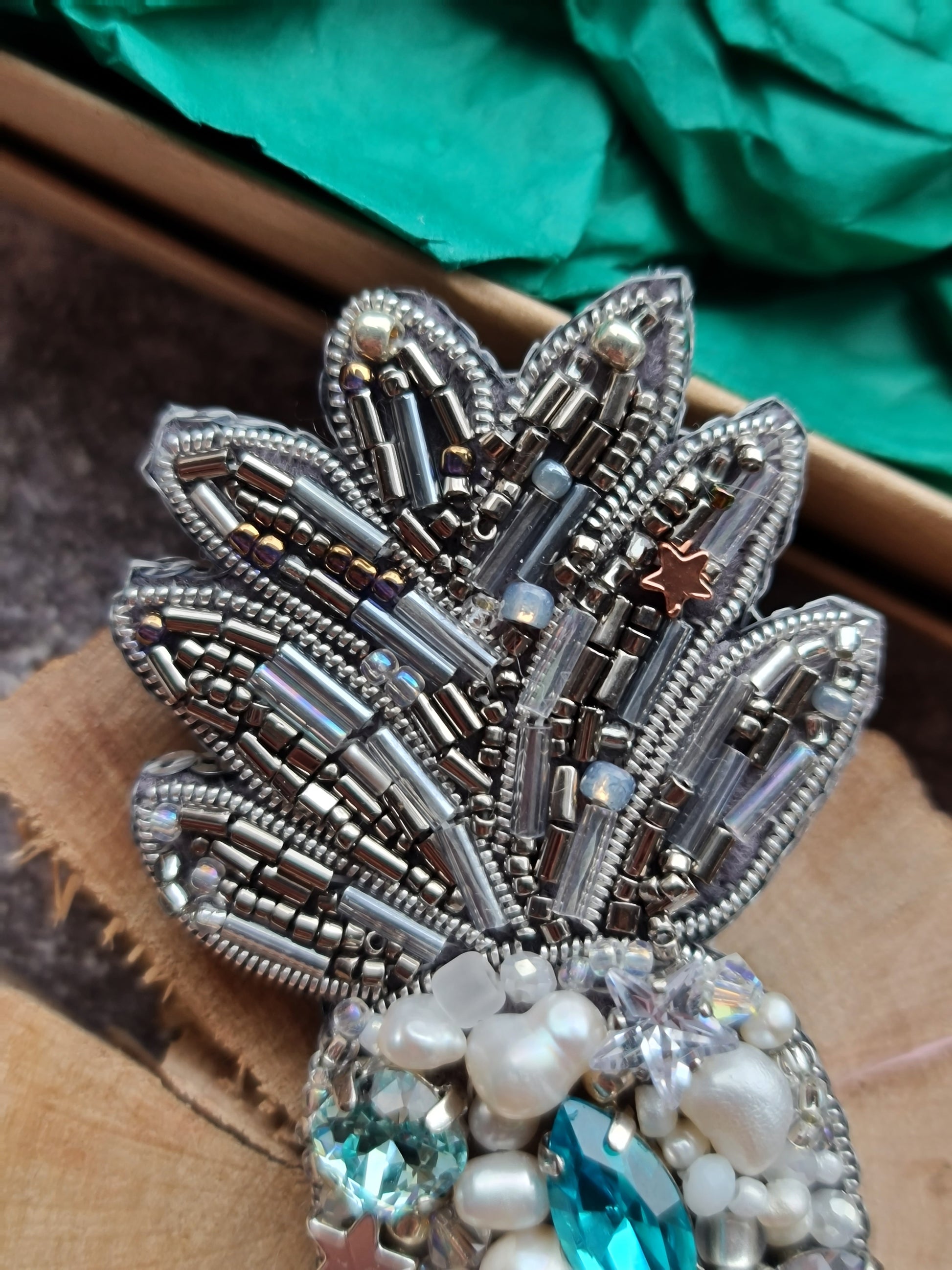 Silver Blue Pineapple Beaded Brooch