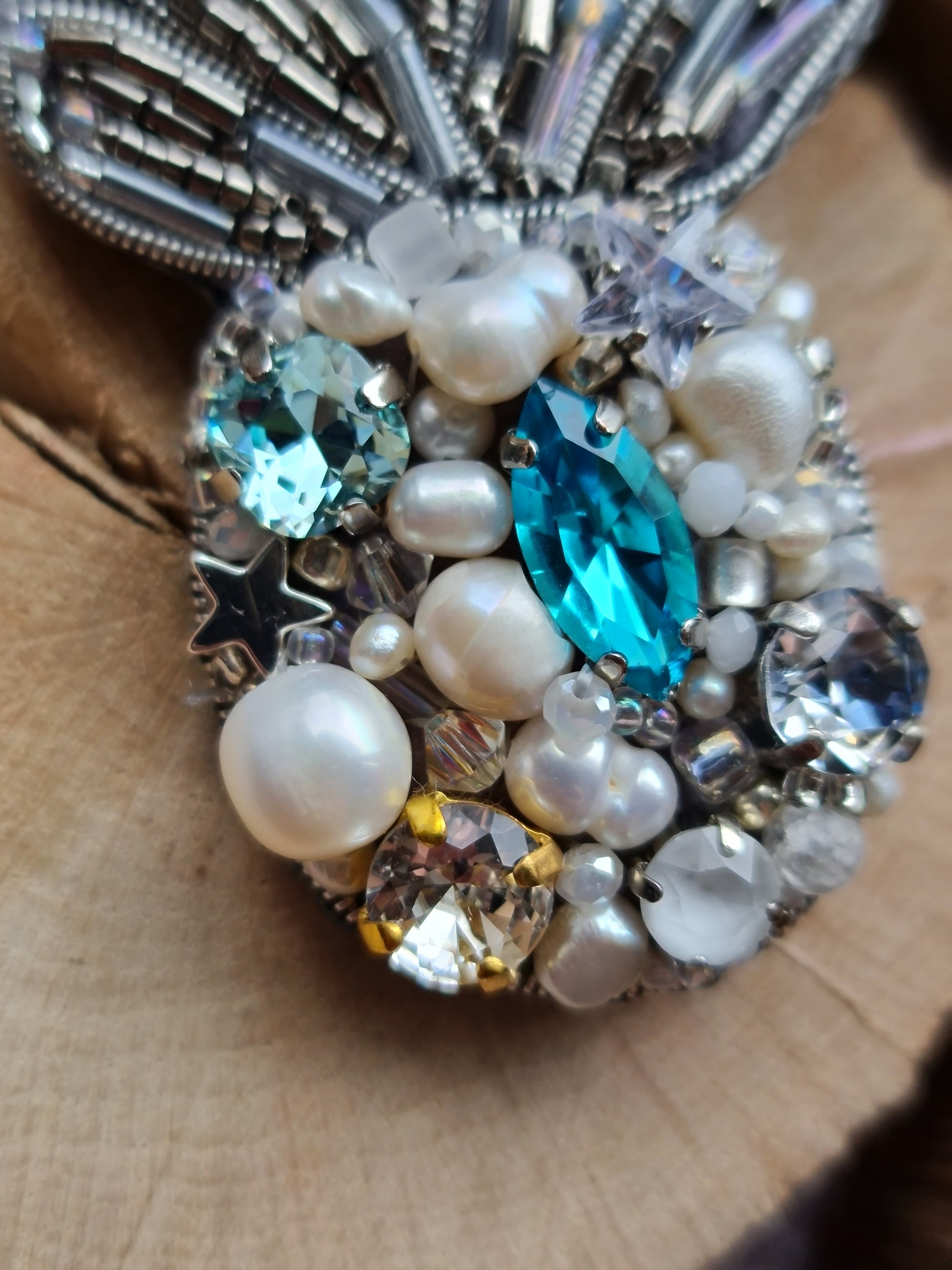 Silver Blue Pineapple Beaded Brooch