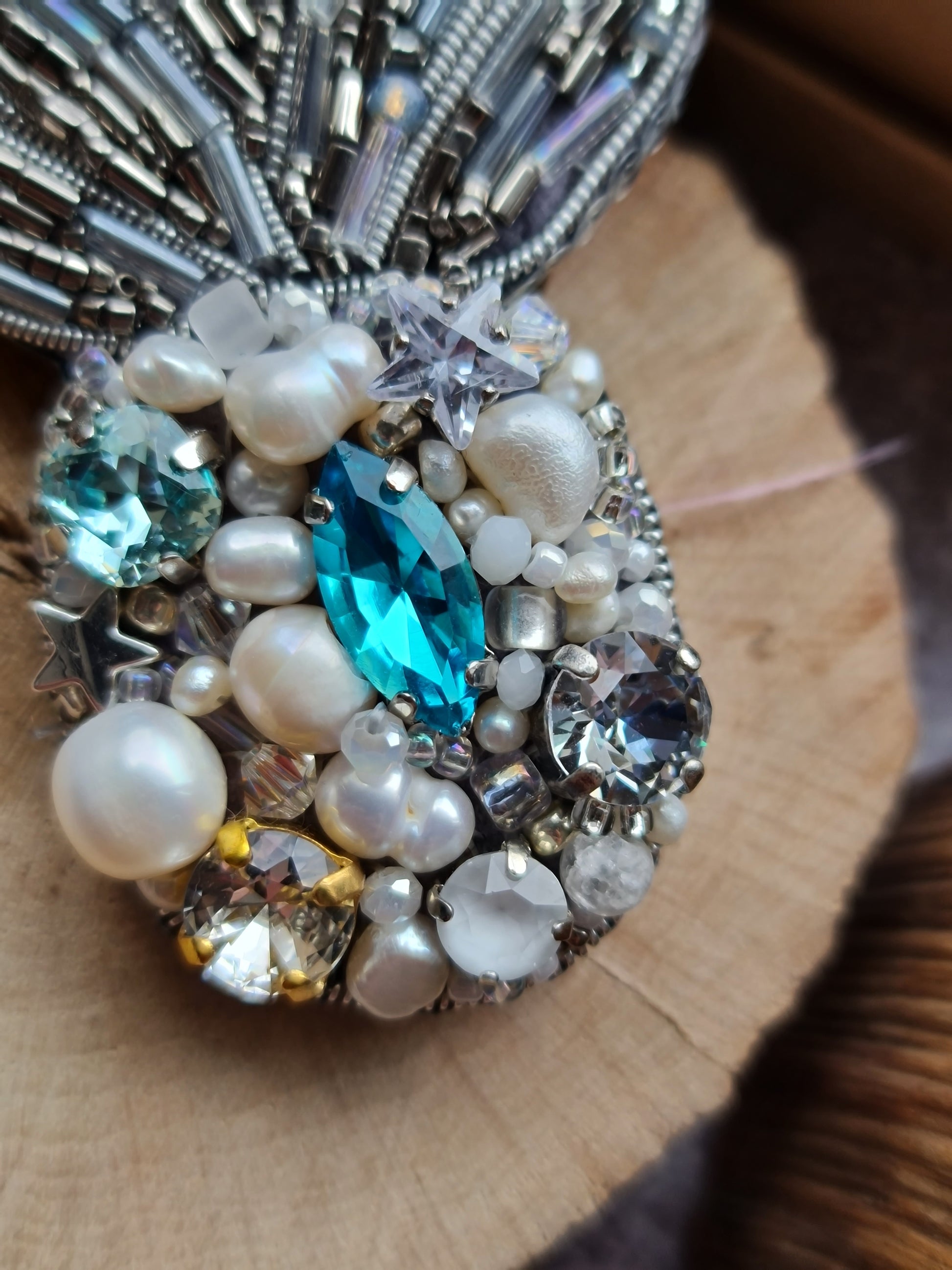 Silver Blue Pineapple Beaded Brooch