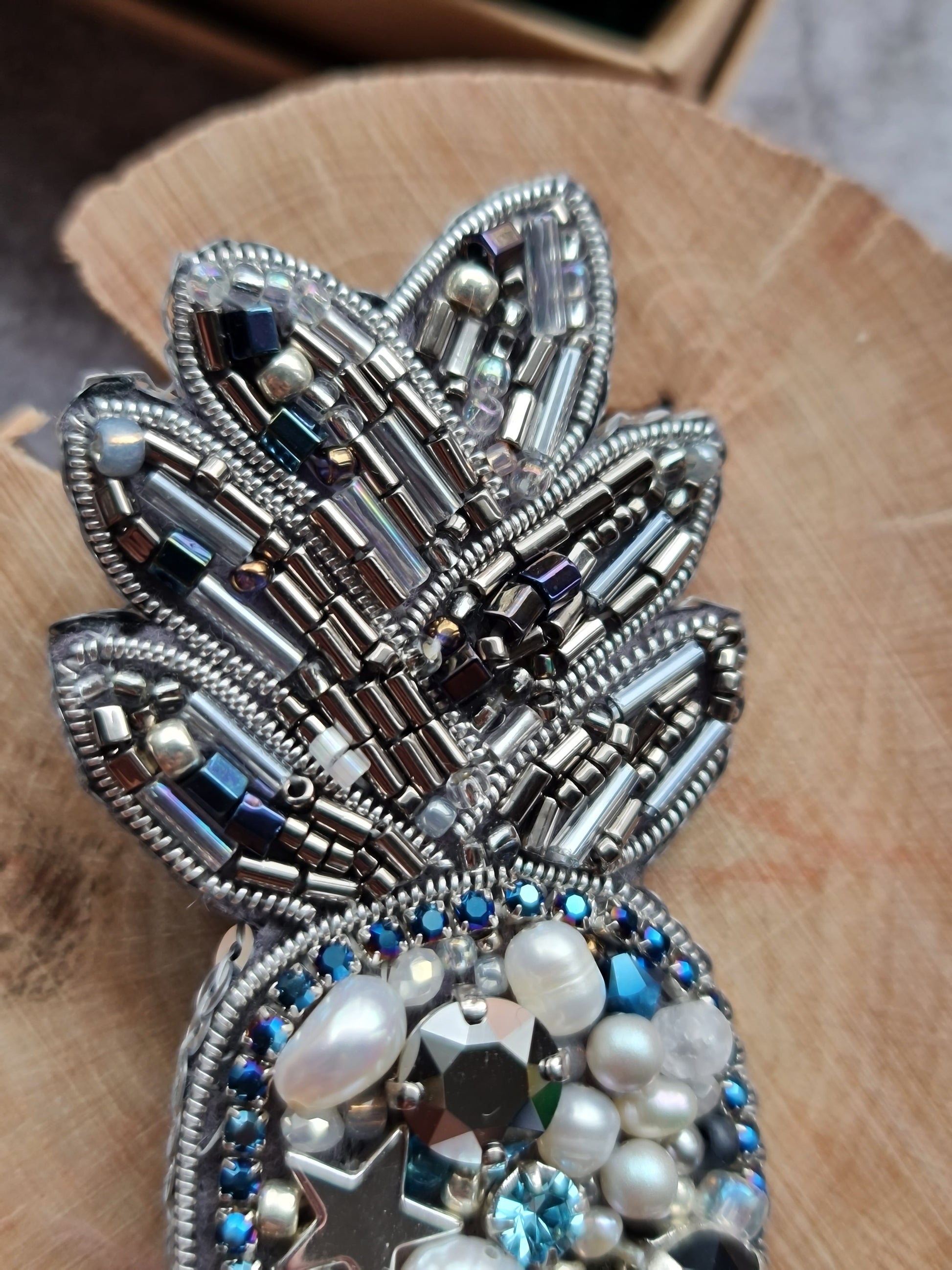 Silver Blue Pineapple Beaded Brooch