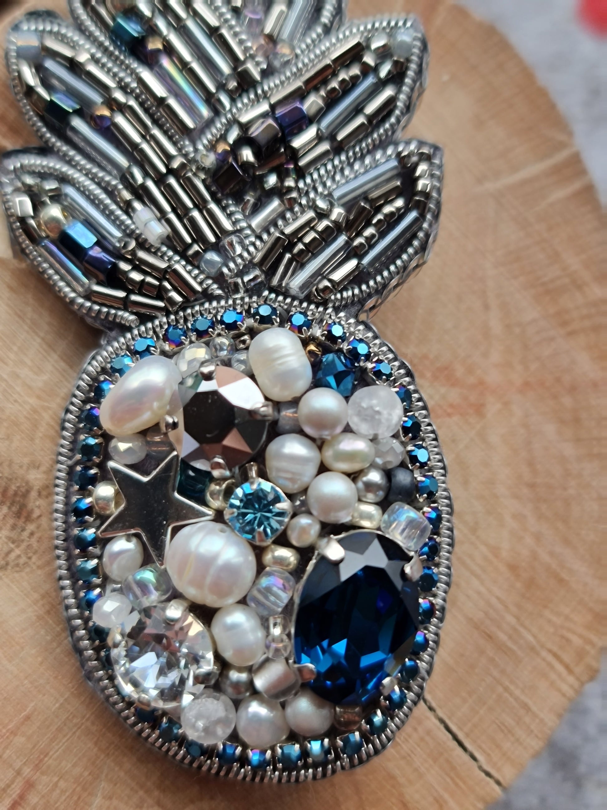 Silver Blue Pineapple Beaded Brooch