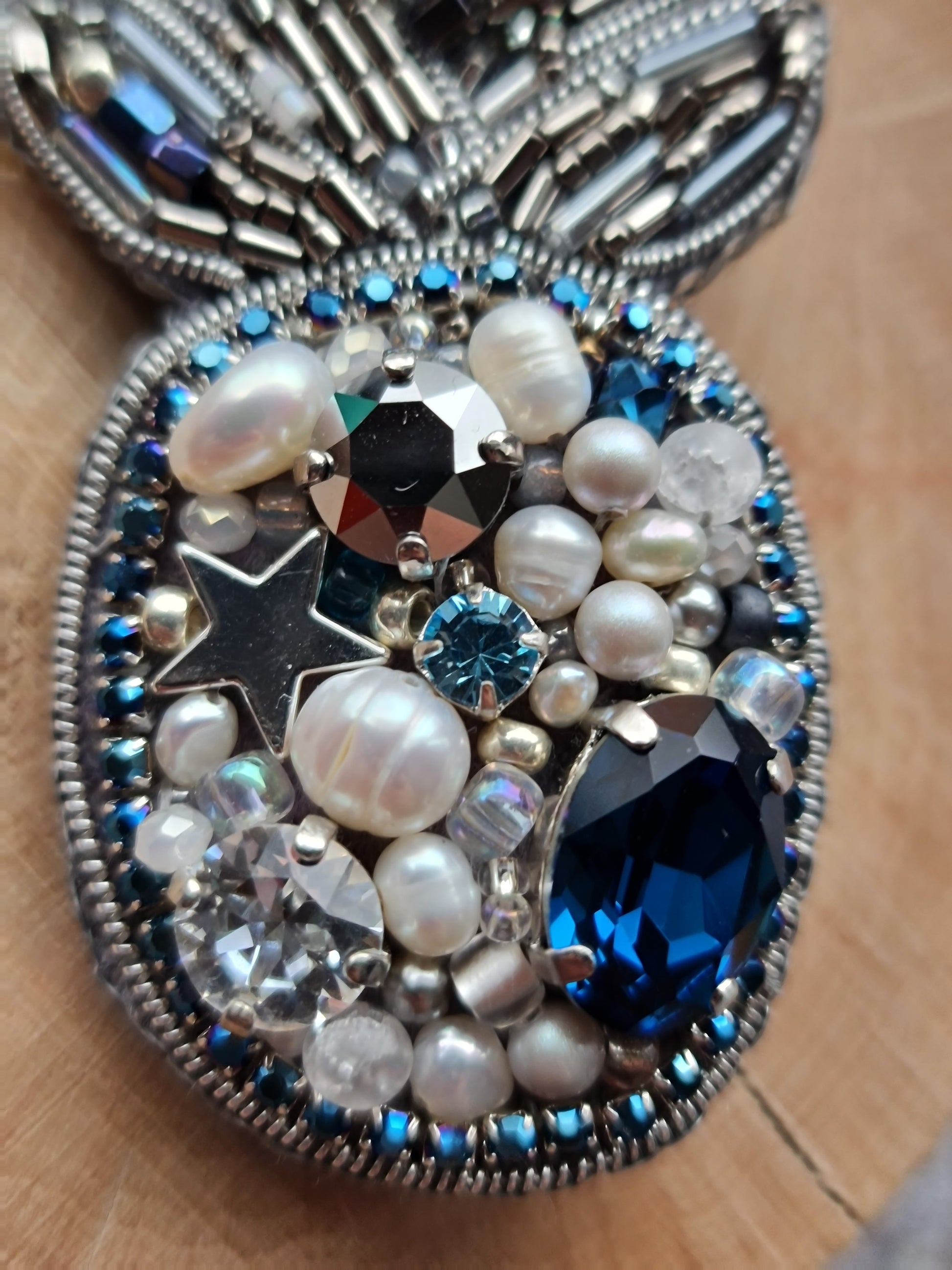 Silver Blue Pineapple Beaded Brooch