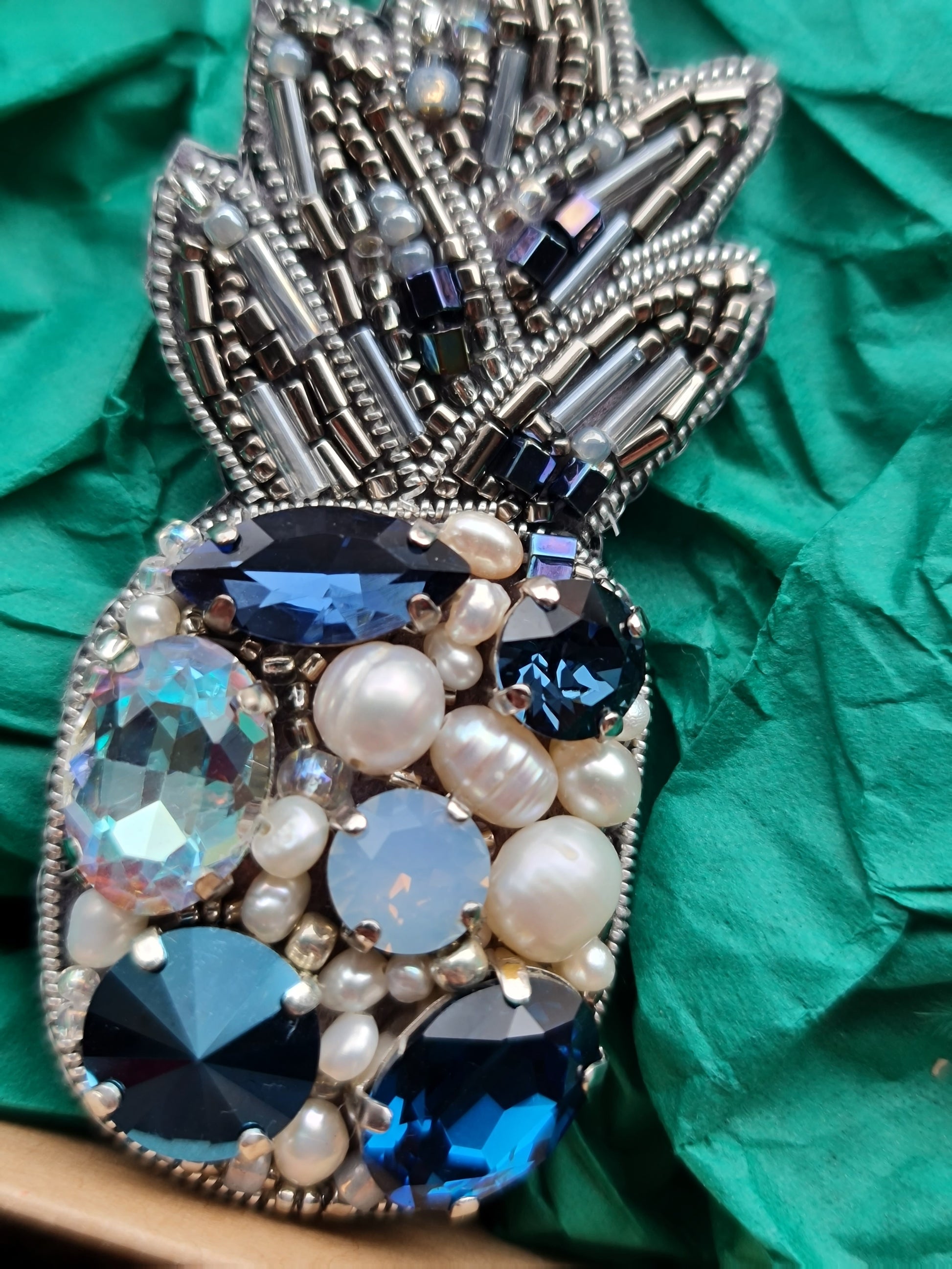Silver Blue Pineapple Beaded Brooch
