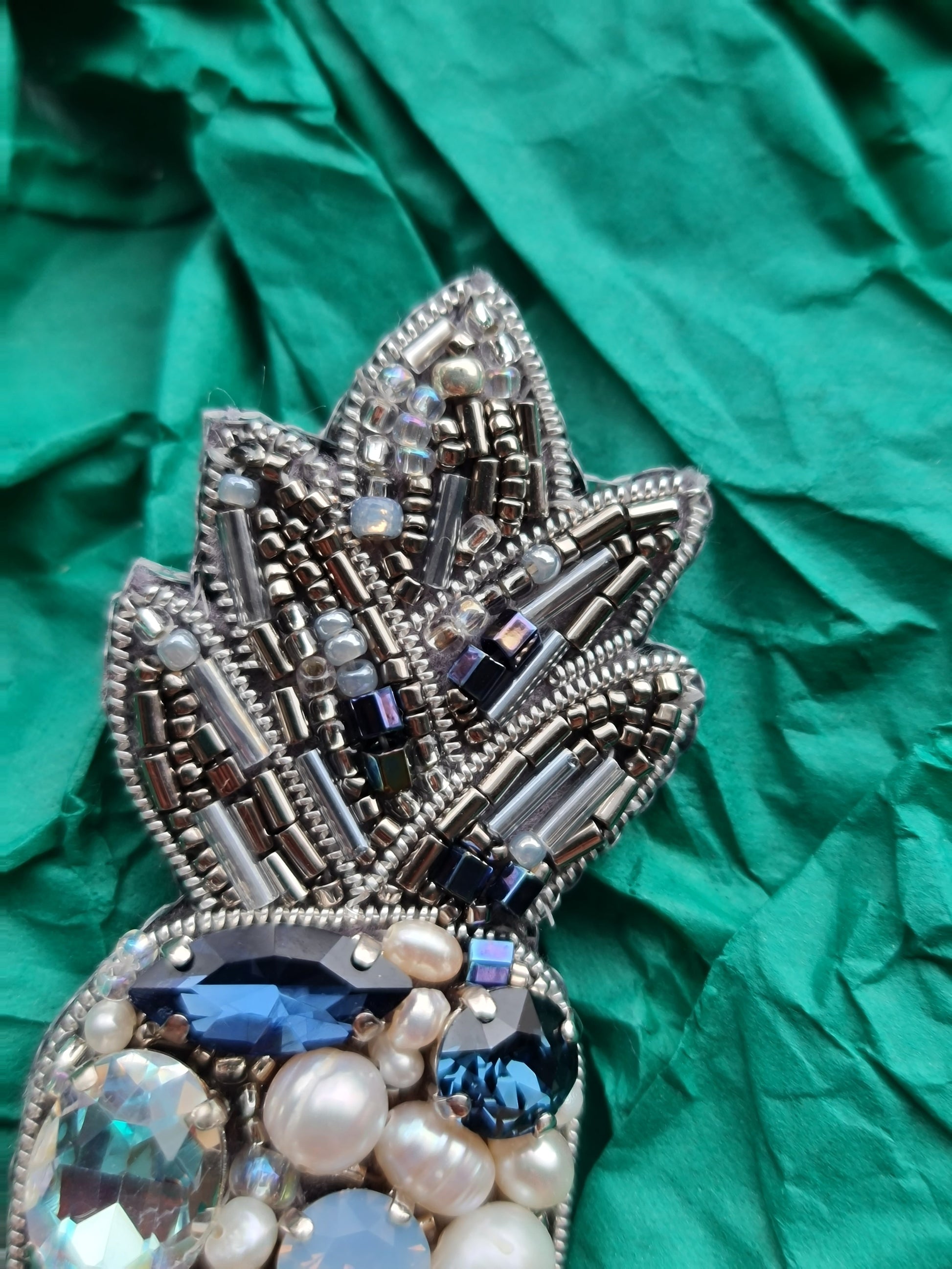 Silver Blue Pineapple Beaded Brooch