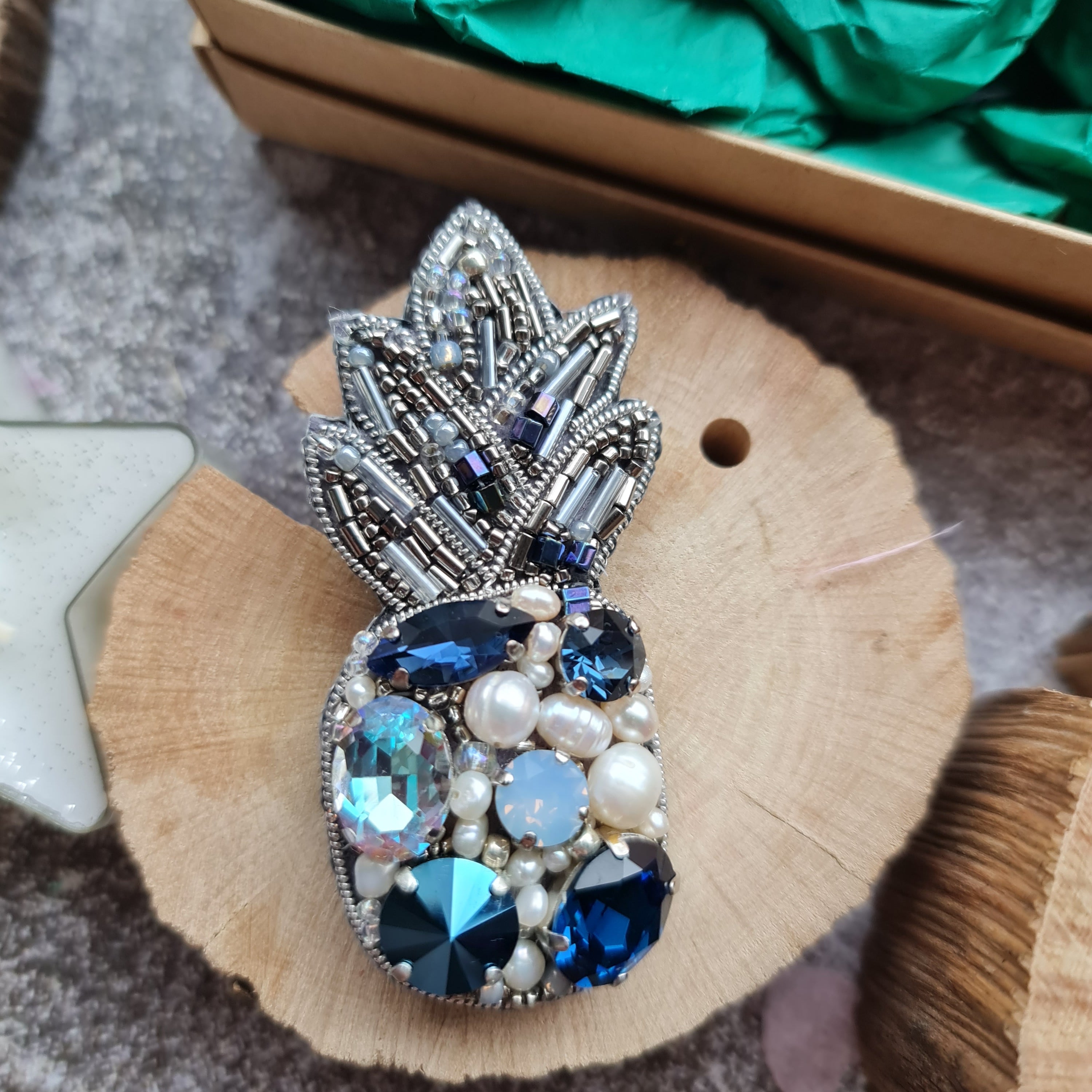 Silver blue pineapple beaded brooch hand embroidered with pearls crystals and metallic leaves