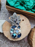 Silver blue pineapple beaded brooch hand embroidered with pearls crystals and metallic leaves