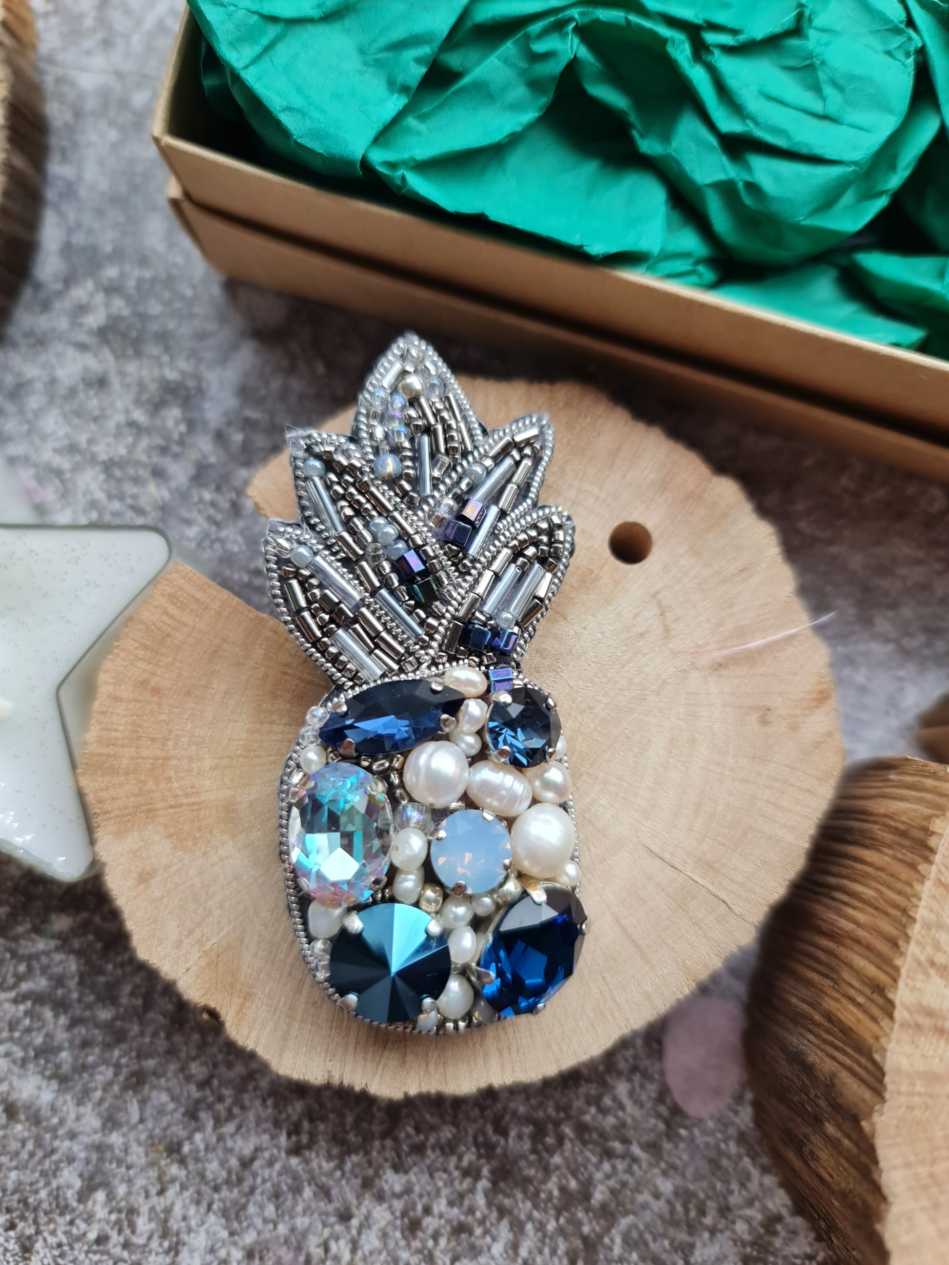 Silver blue pineapple beaded brooch hand embroidered with pearls crystals and metallic leaves