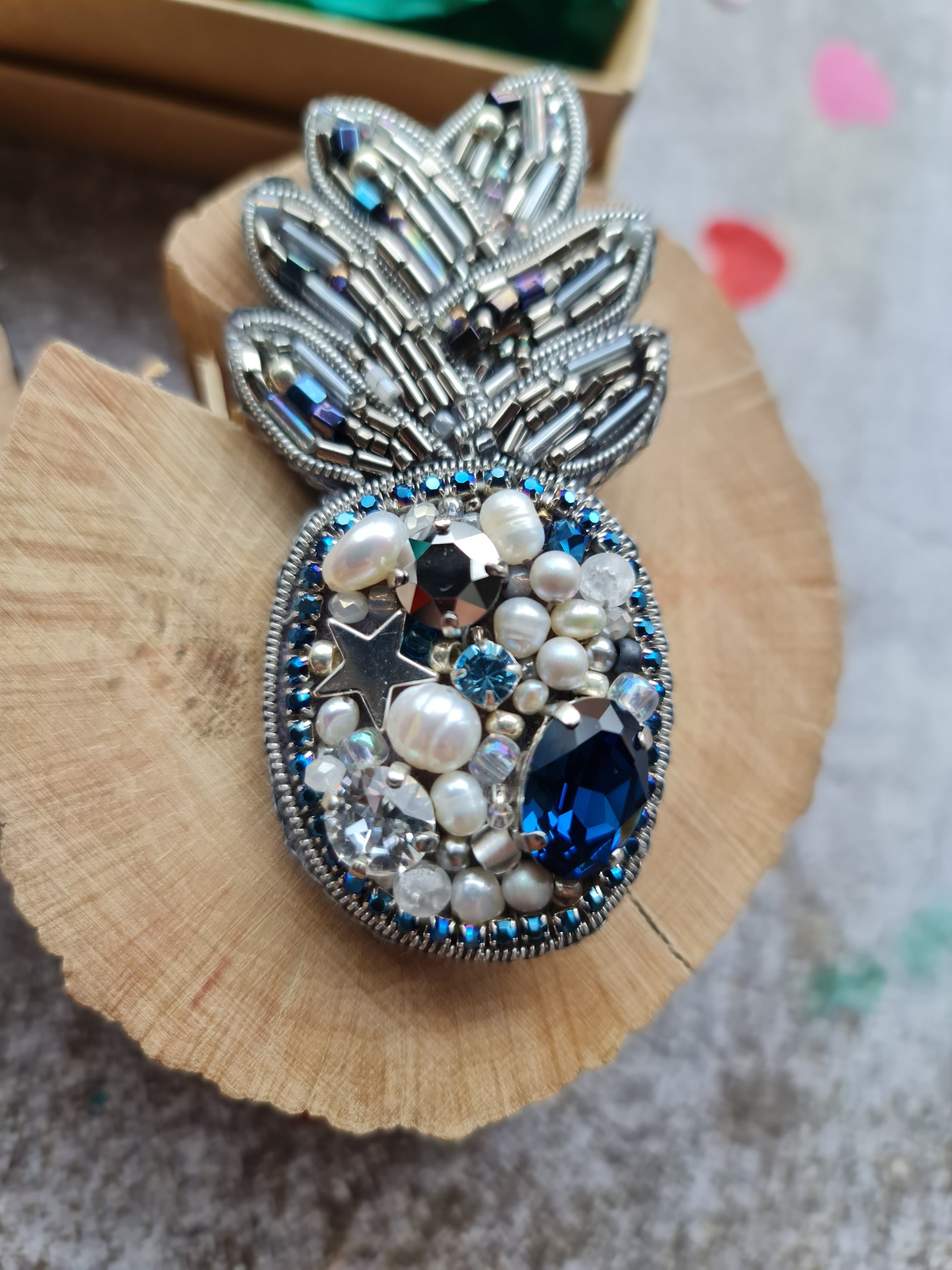 Silver Blue Pineapple Beaded Brooch
