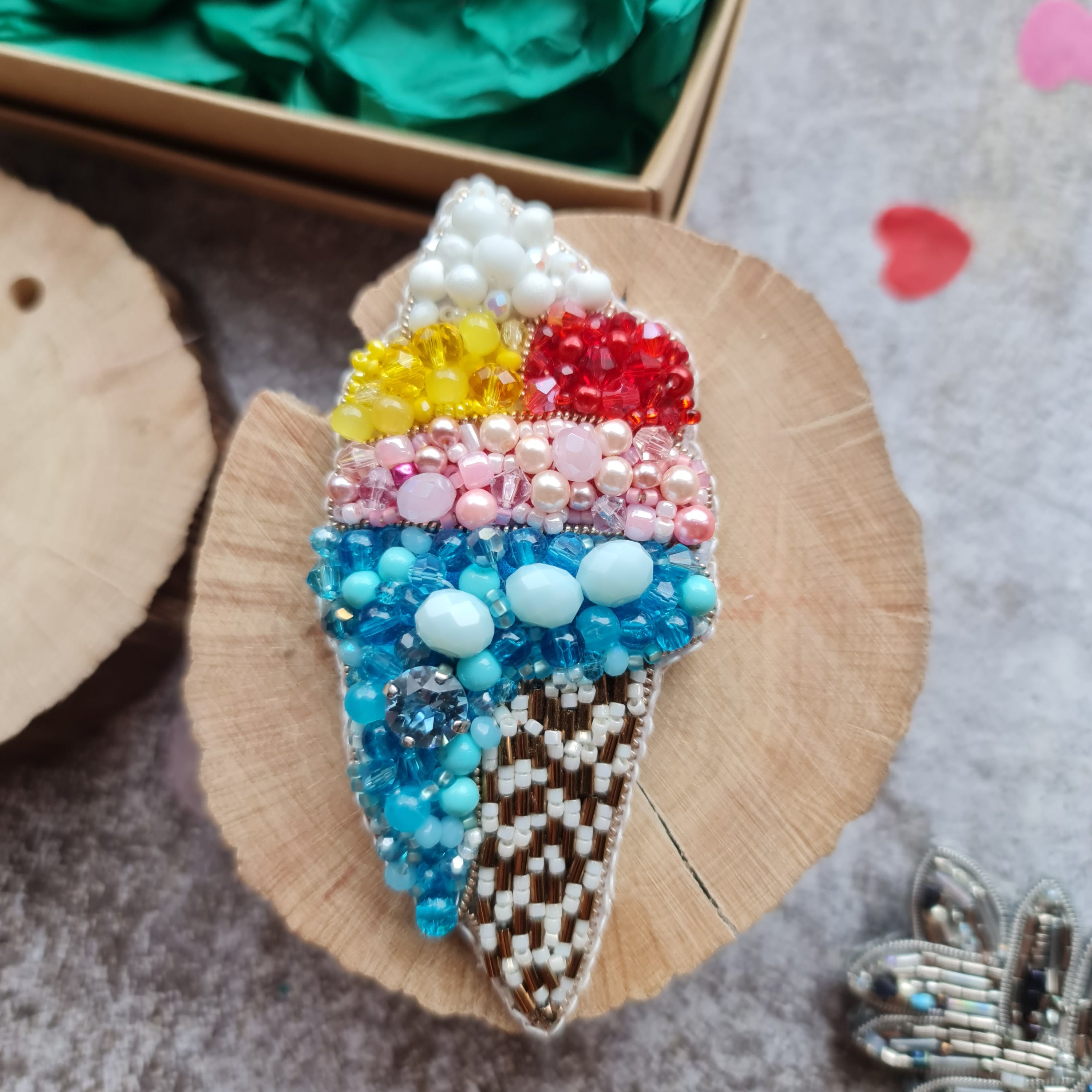 Ice cream beaded brooch hand embroidered with colorful beads and waffle cone details