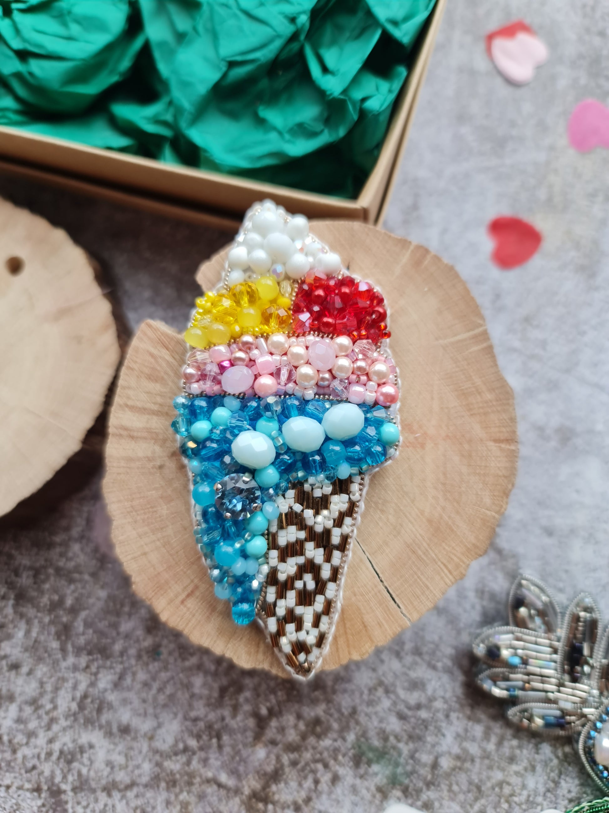 Ice cream beaded brooch hand embroidered with colorful beads and waffle cone details