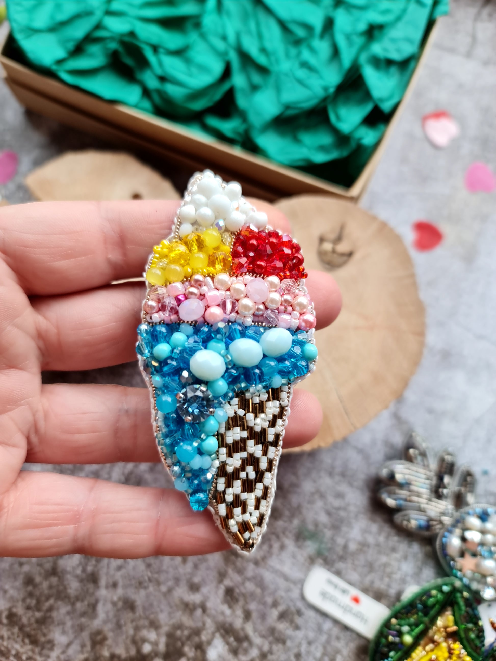 Ice Cream Beaded Brooch