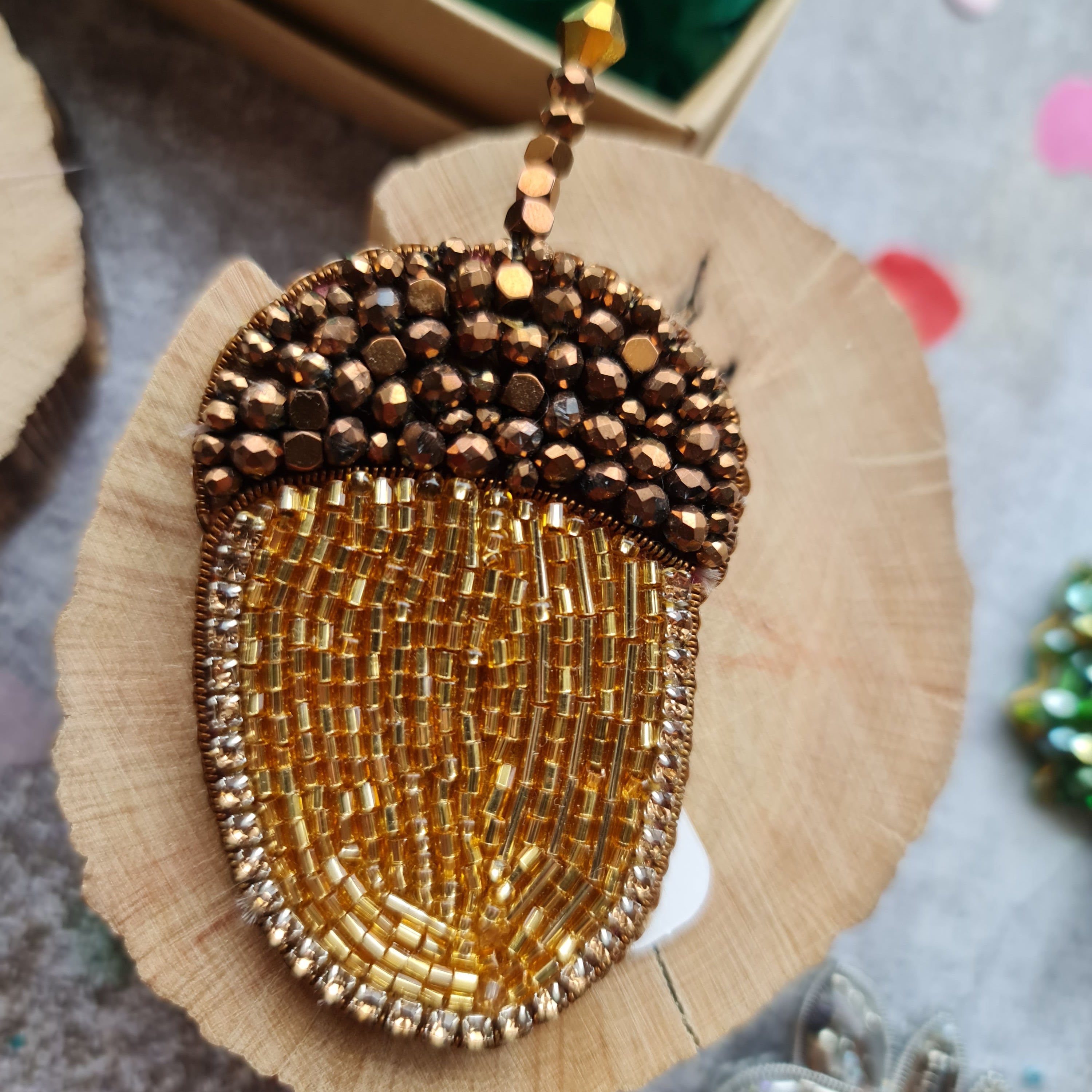 Acorn beaded brooch hand embroidered with gold and brown beads and crystal details