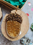Acorn beaded brooch hand embroidered with gold and brown beads and crystal details