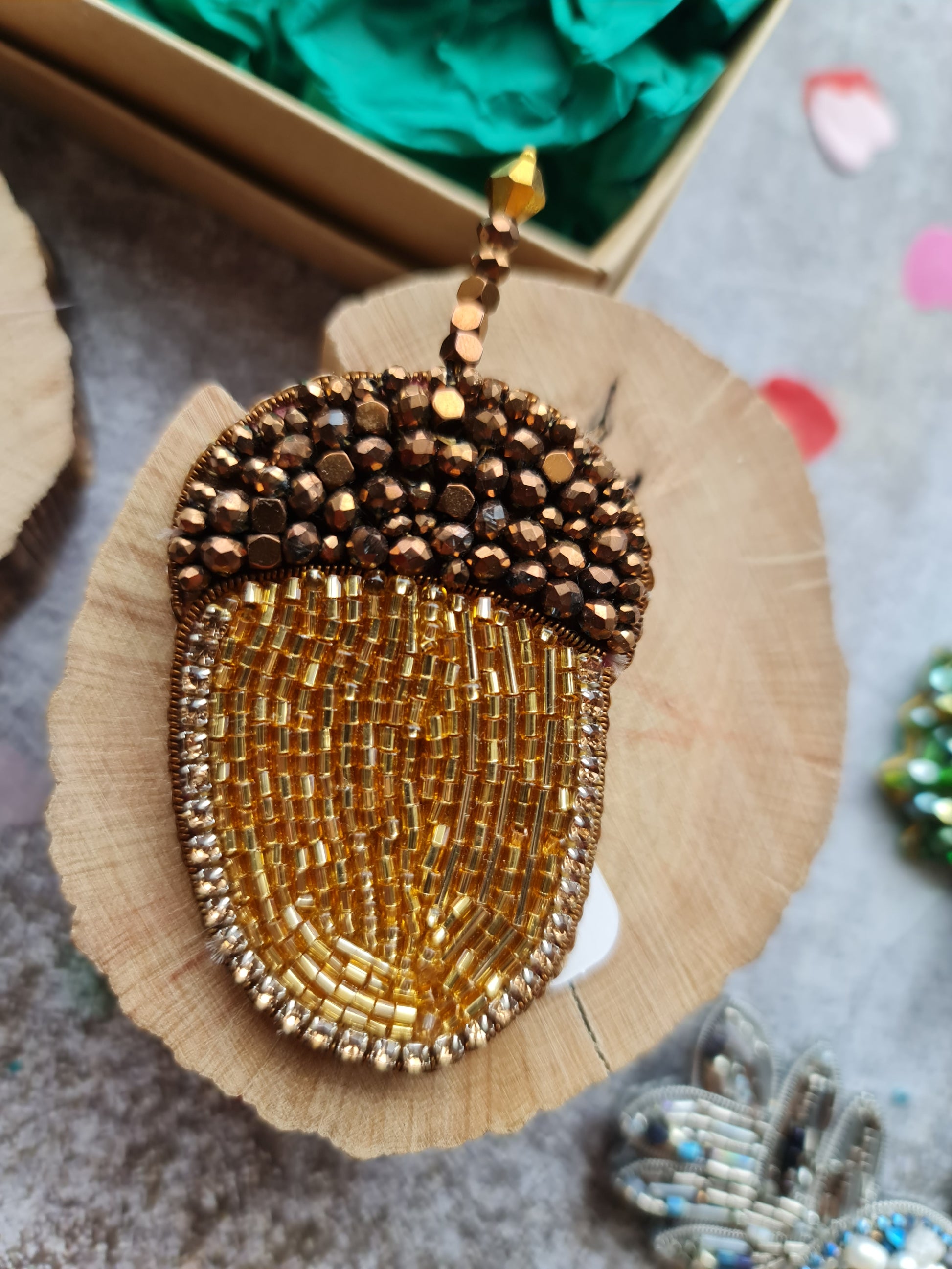 Acorn beaded brooch hand embroidered with gold and brown beads and crystal details