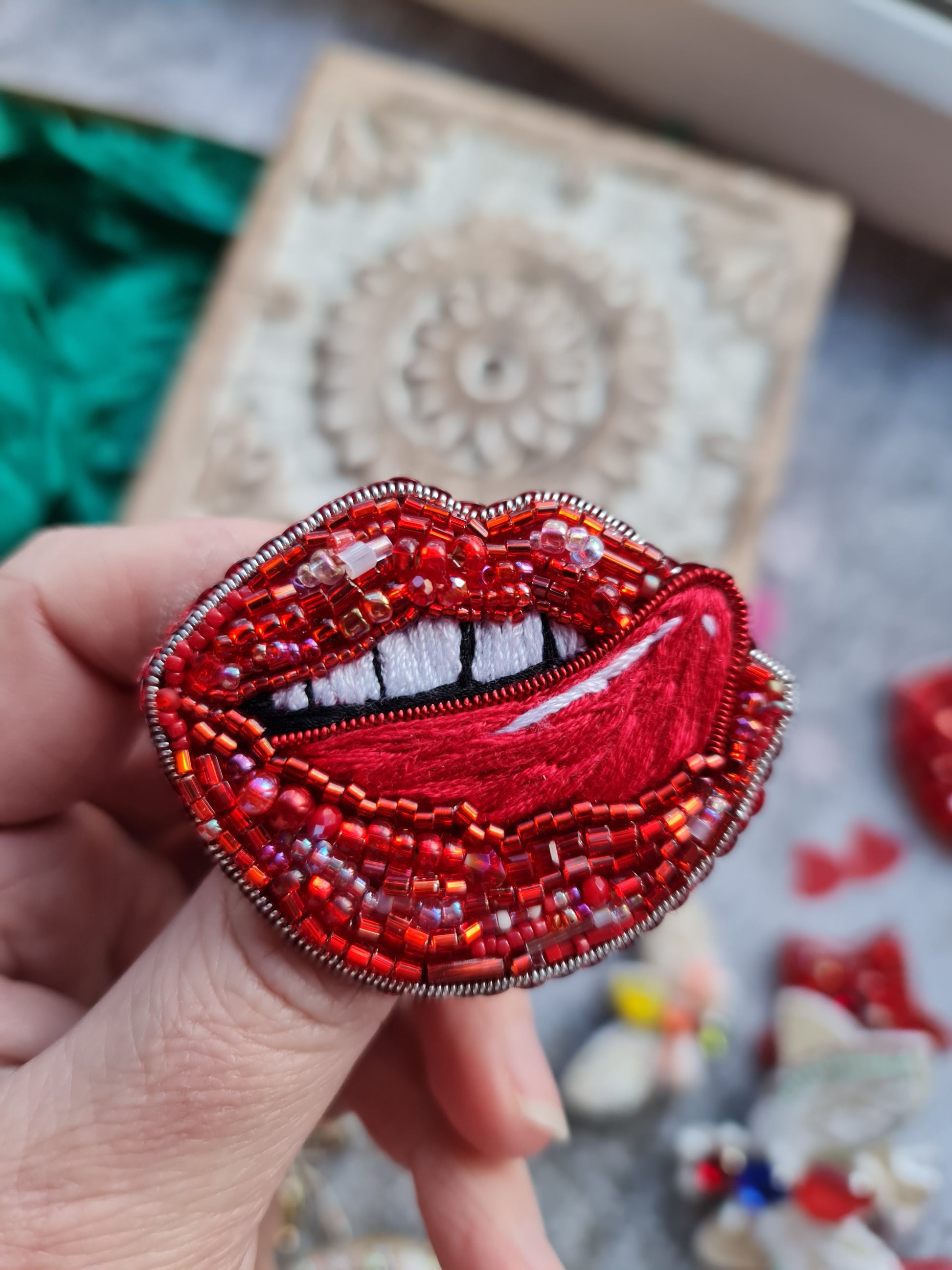 Red Lips Tongue Beaded Brooch