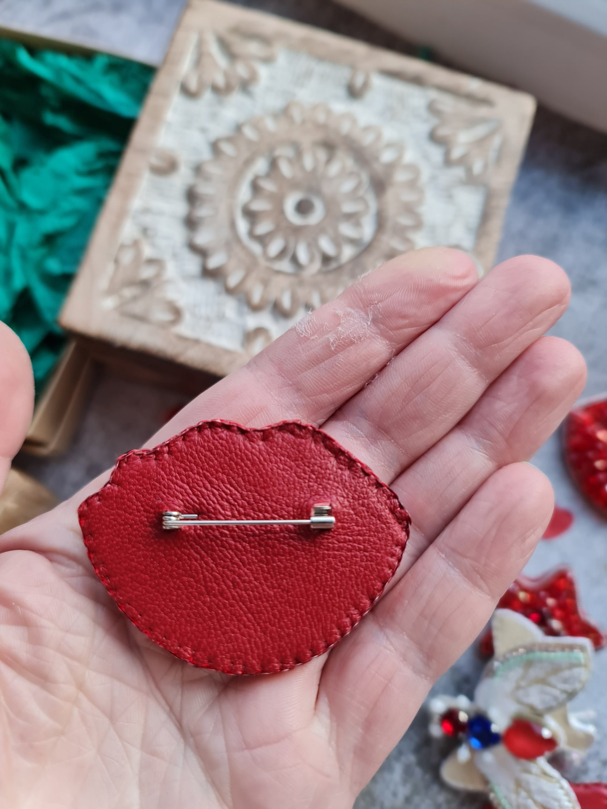 Red Lips Tongue Beaded Brooch