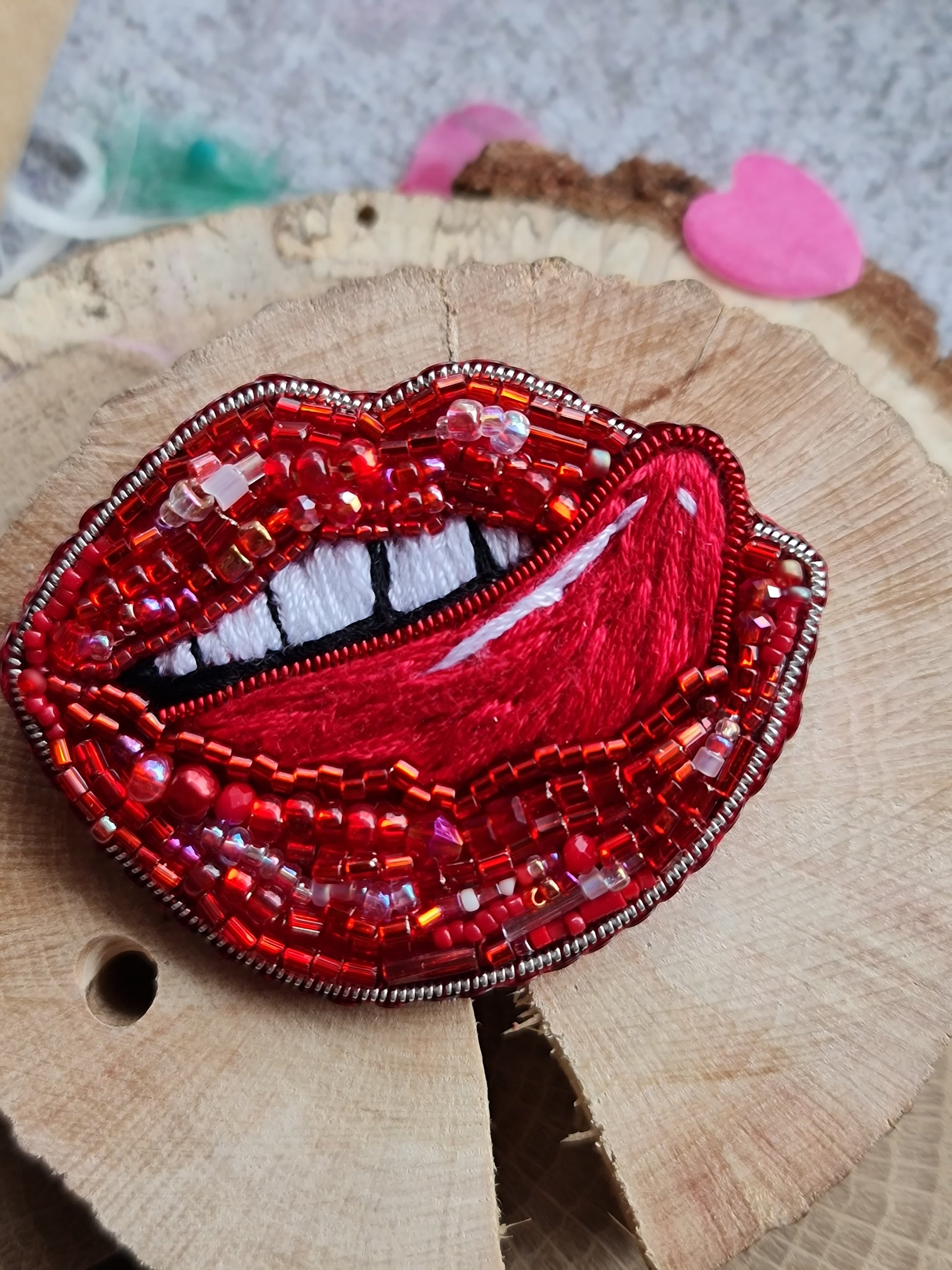 Red Lips Tongue Beaded Brooch