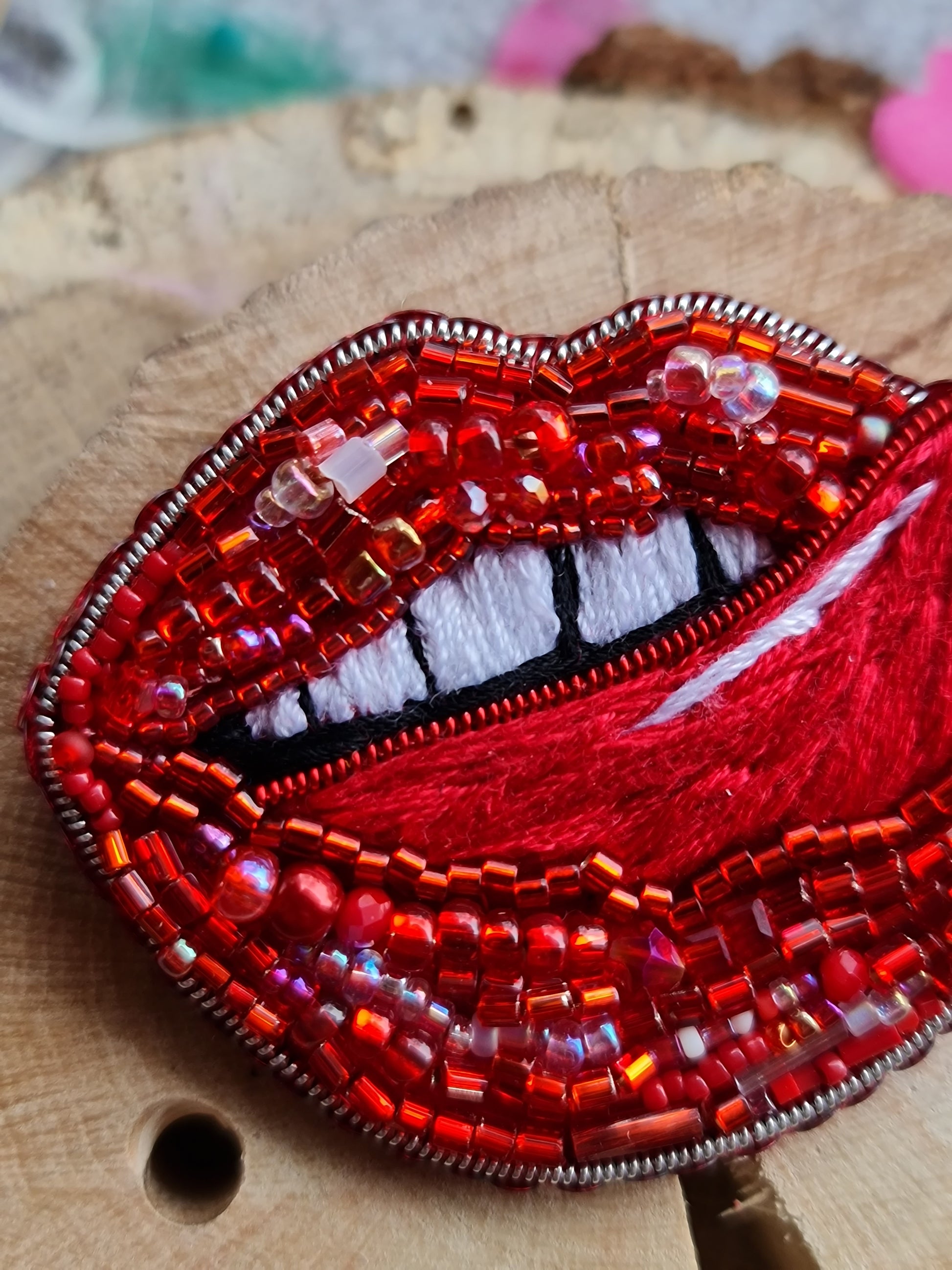 Red Lips Tongue Beaded Brooch