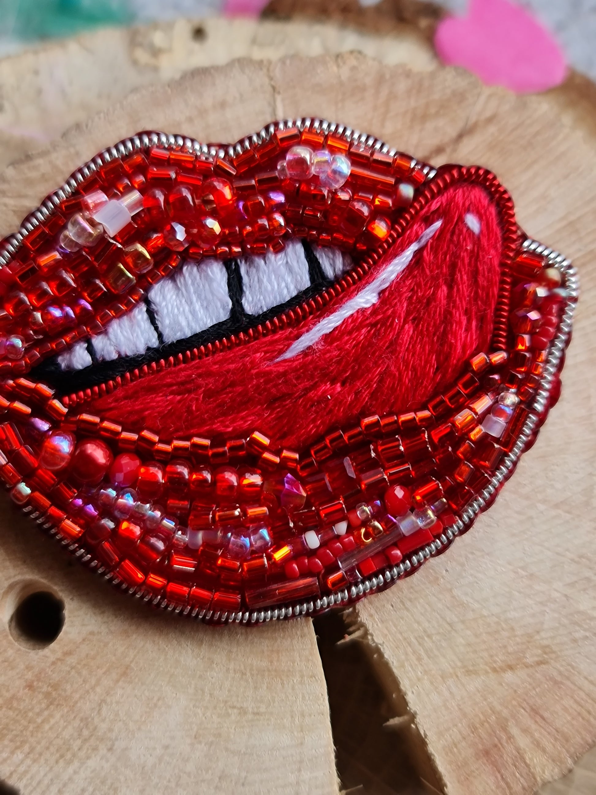 Red Lips Tongue Beaded Brooch