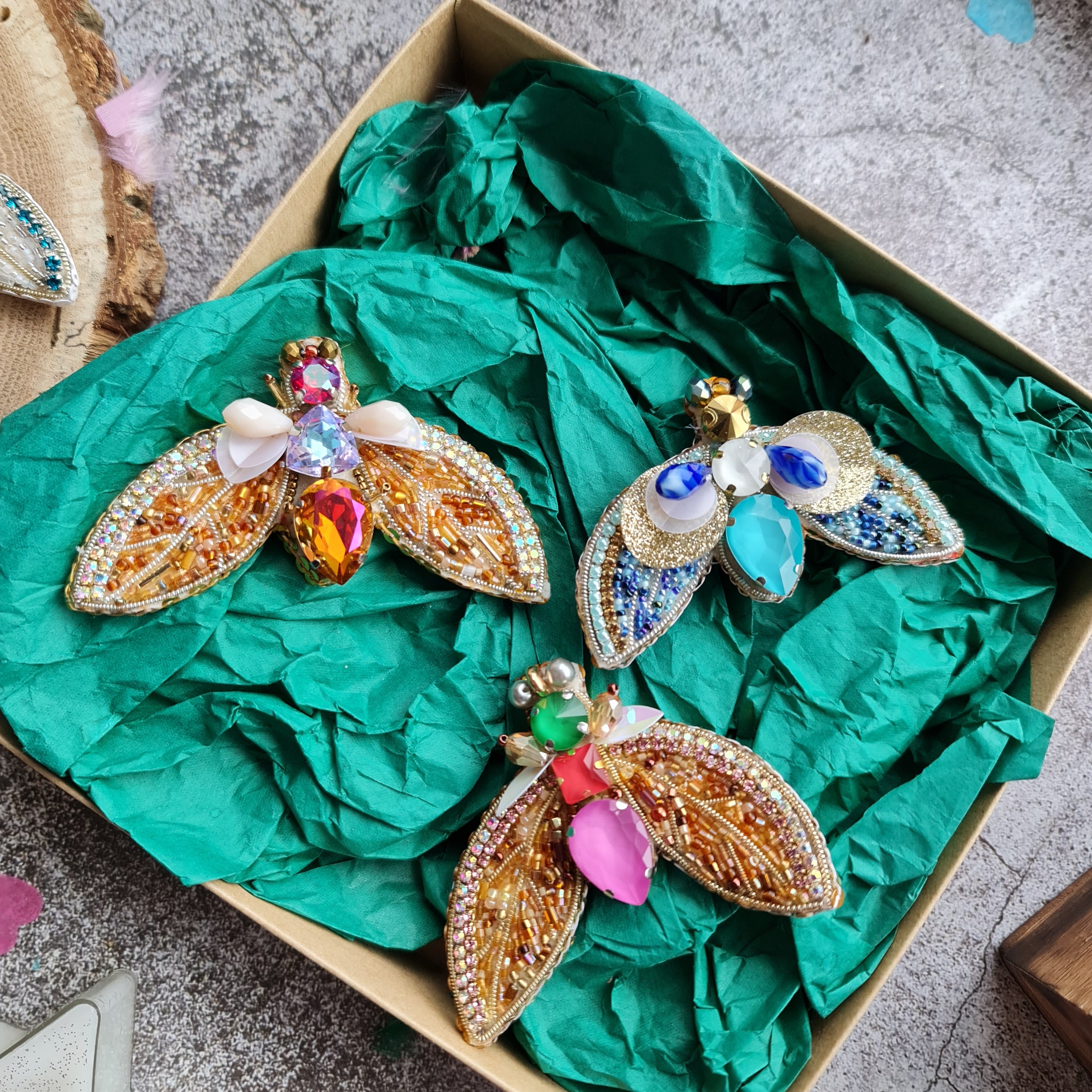 Moth beaded brooches hand embroidered in several colors with crystals sequins beads and wing details