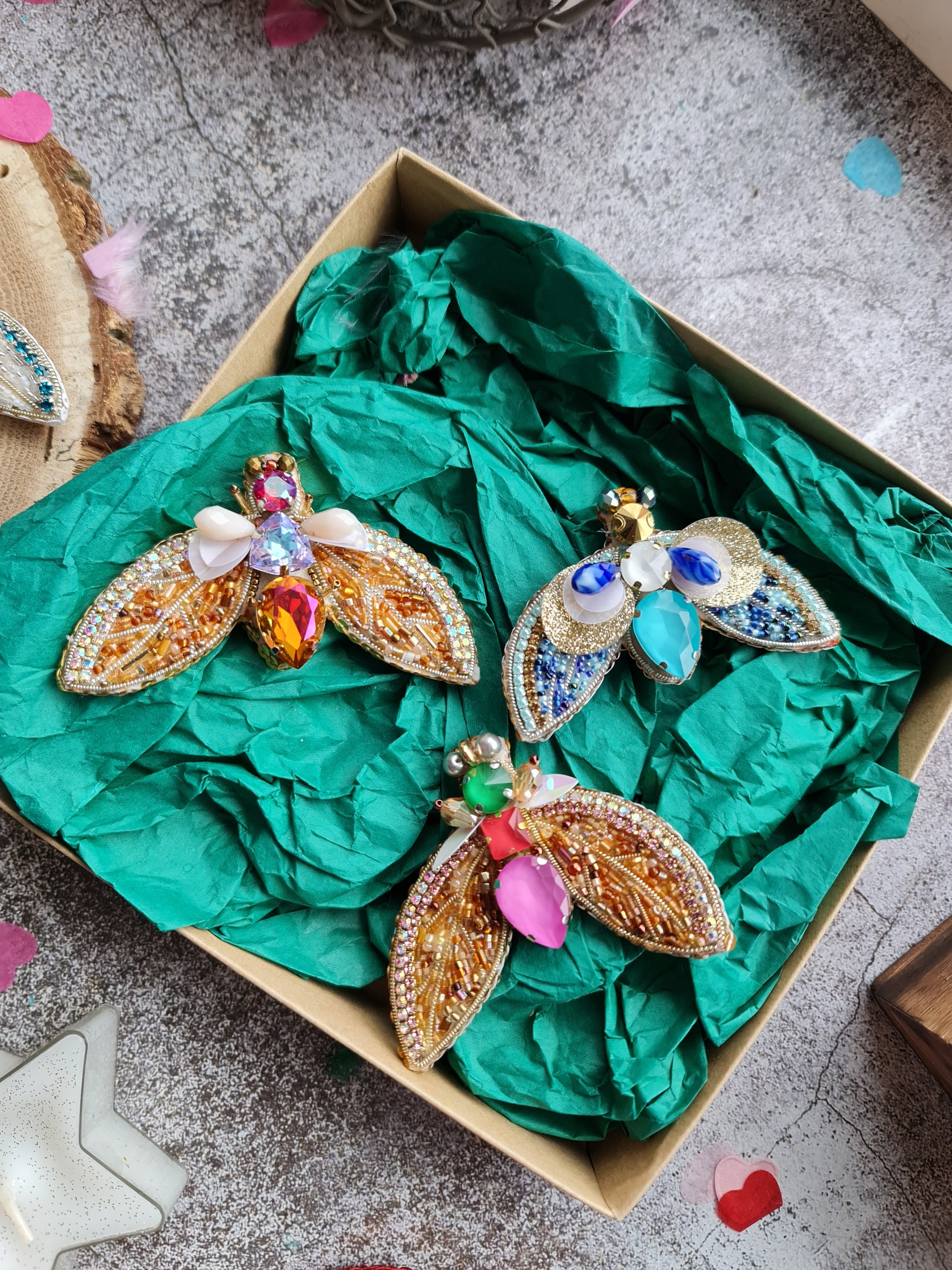Moth beaded brooches hand embroidered in several colors with crystals sequins beads and wing details