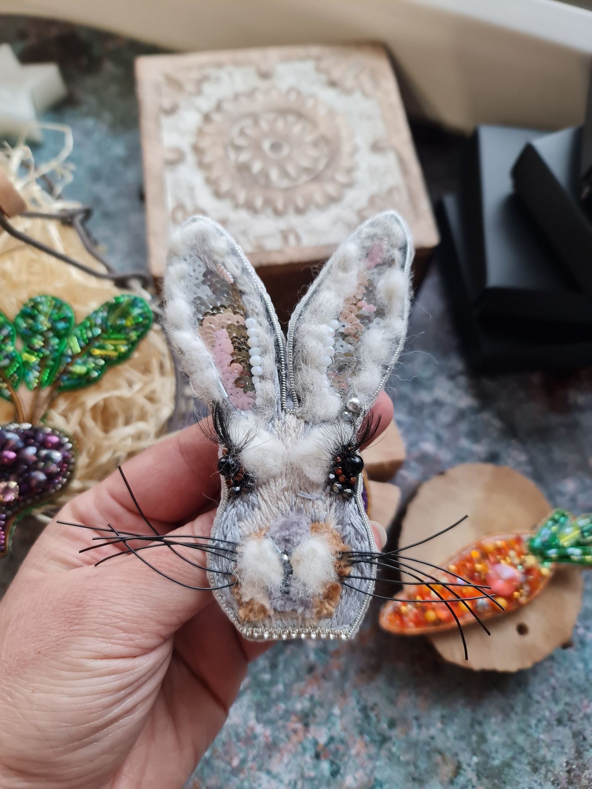 Gray Bunny Face Beaded Brooch