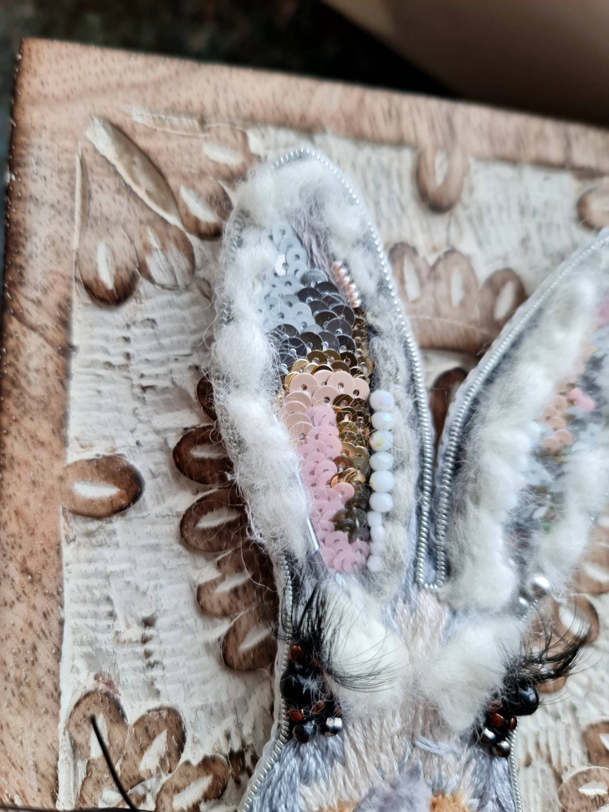 Gray Bunny Face Beaded Brooch