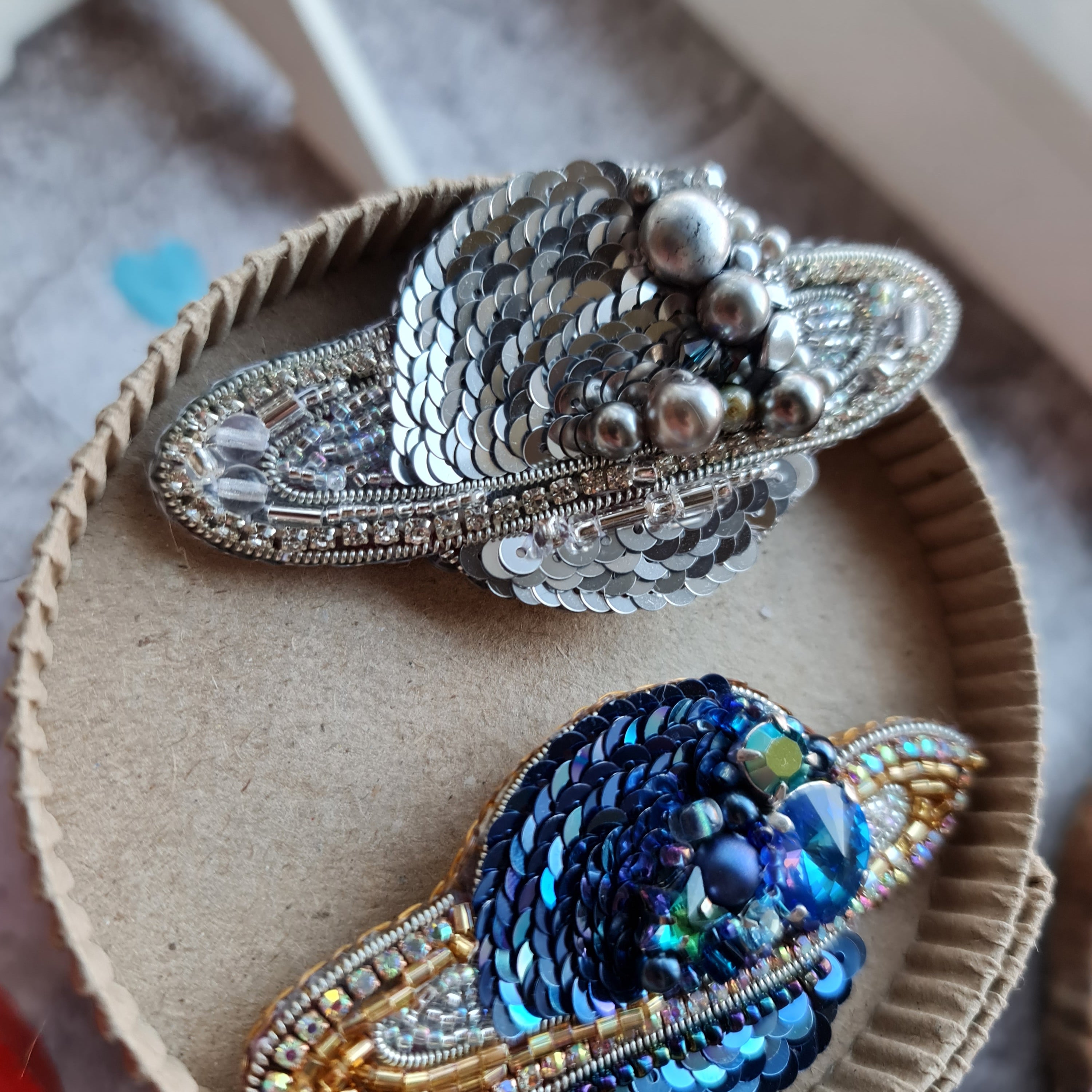Hand embroidered Saturn planet brooch with beads crystals sequins and celestial details