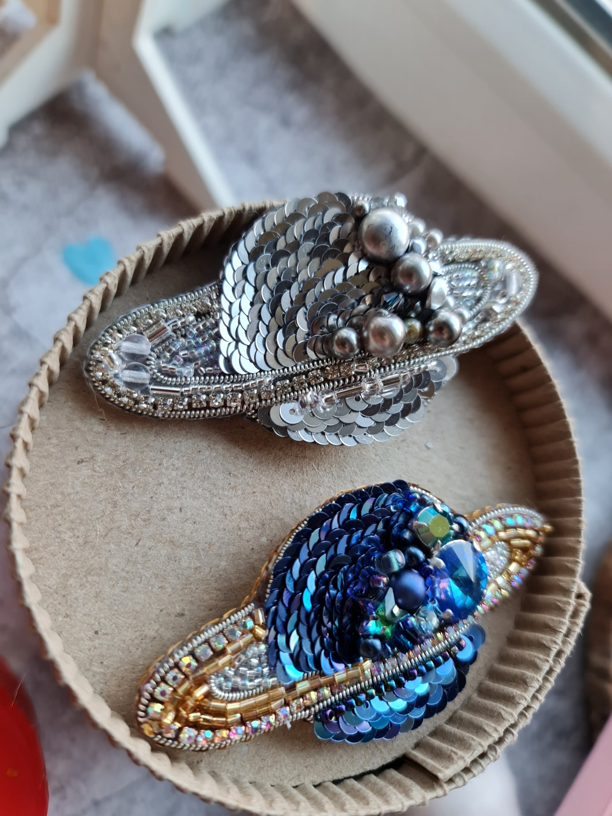 Hand embroidered Saturn planet brooch with beads crystals sequins and celestial details