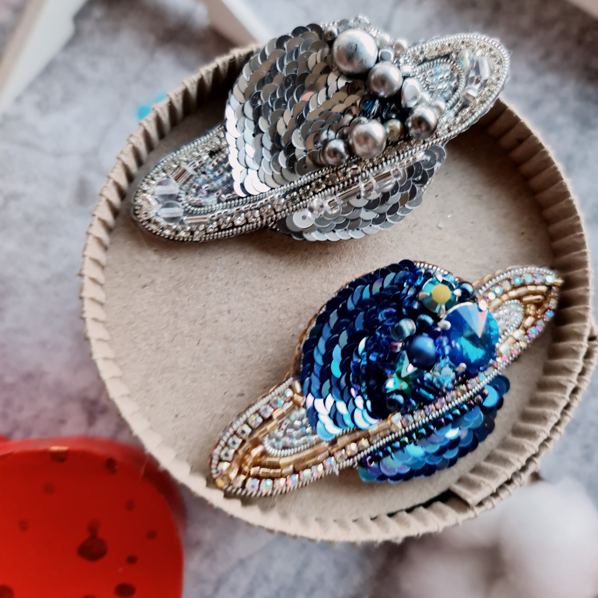 Hand embroidered Saturn planet brooch with beads crystals sequins and celestial details