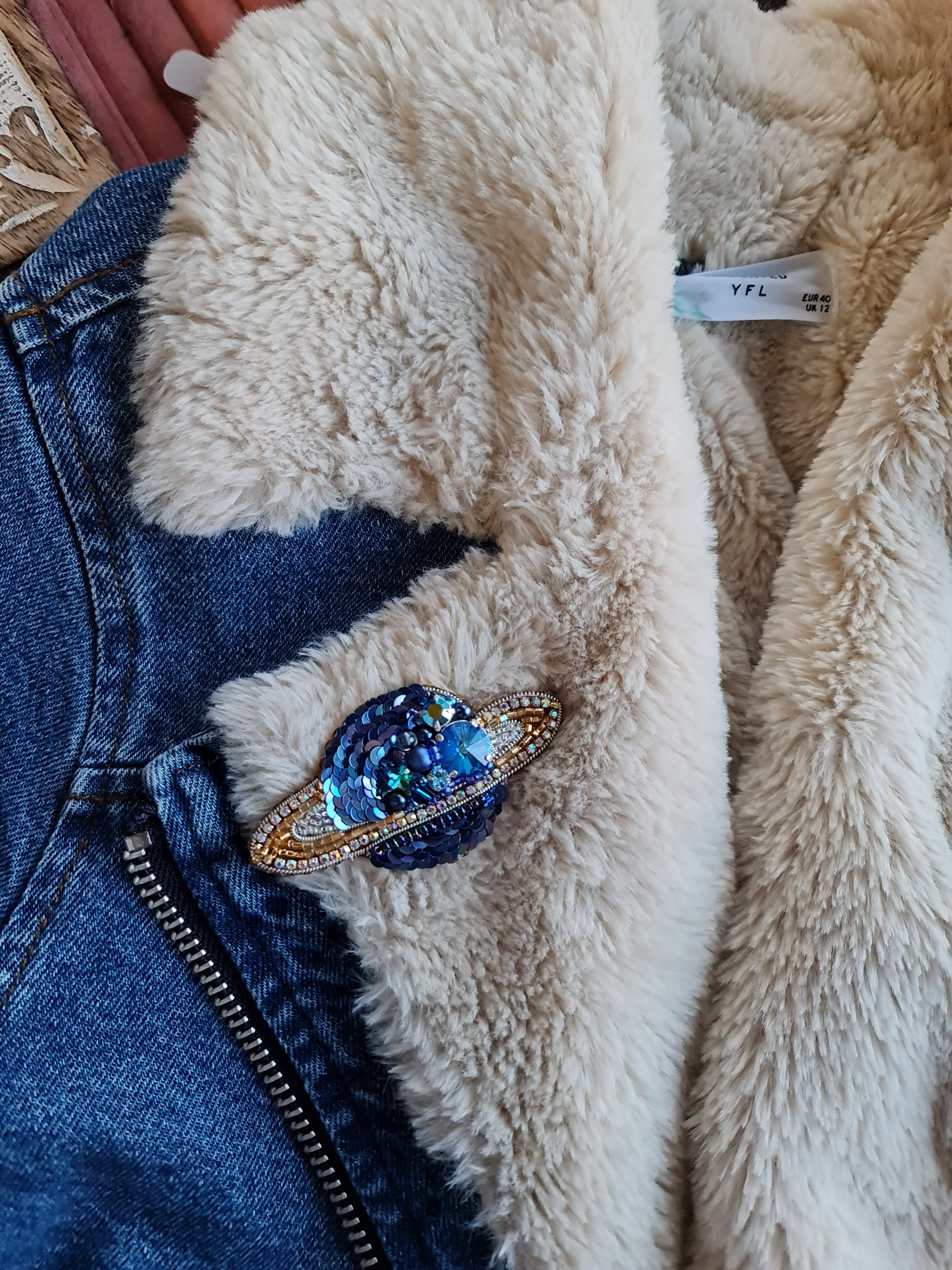Saturn Planet Beaded Brooch