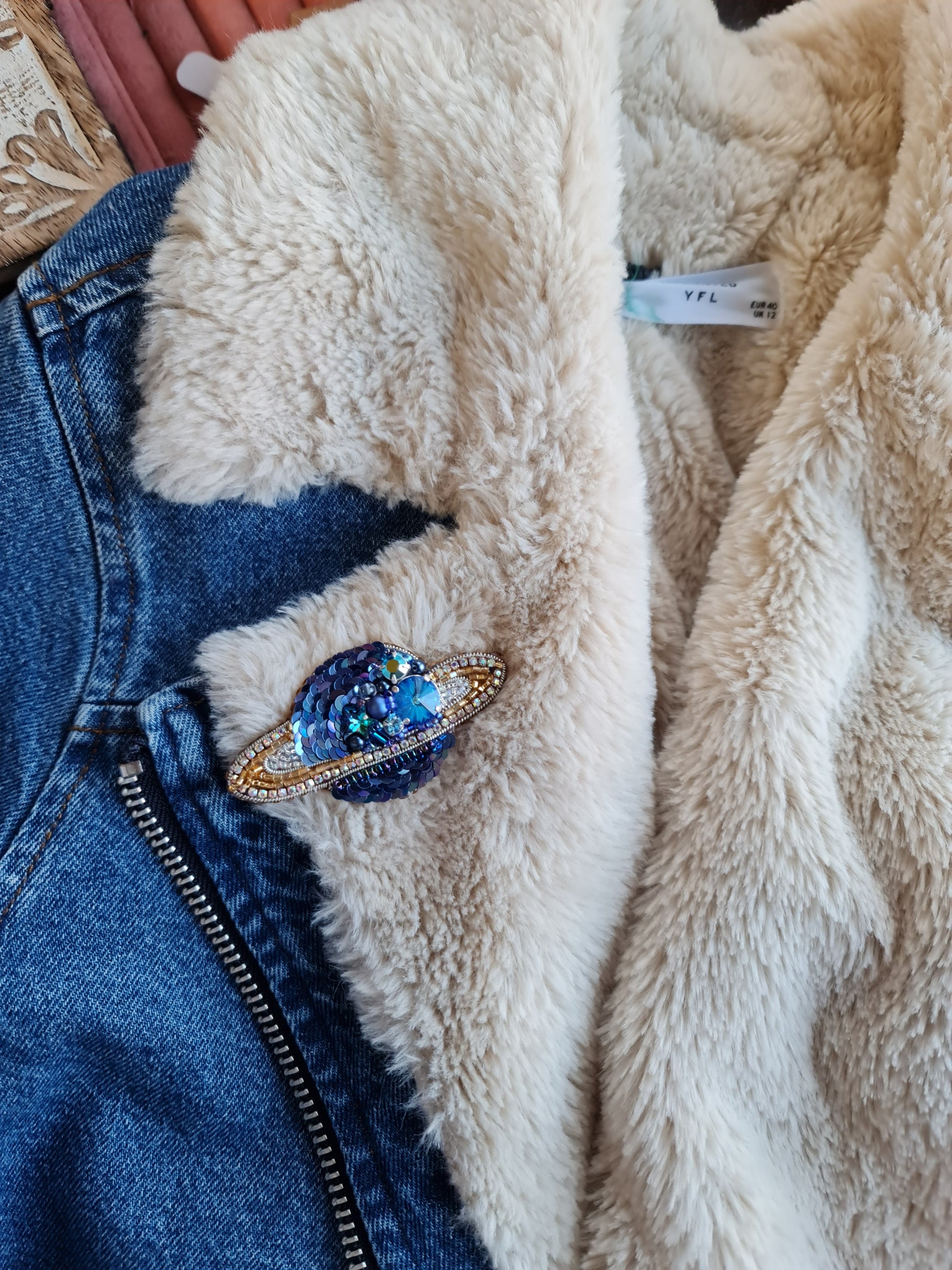 Saturn Planet Beaded Brooch