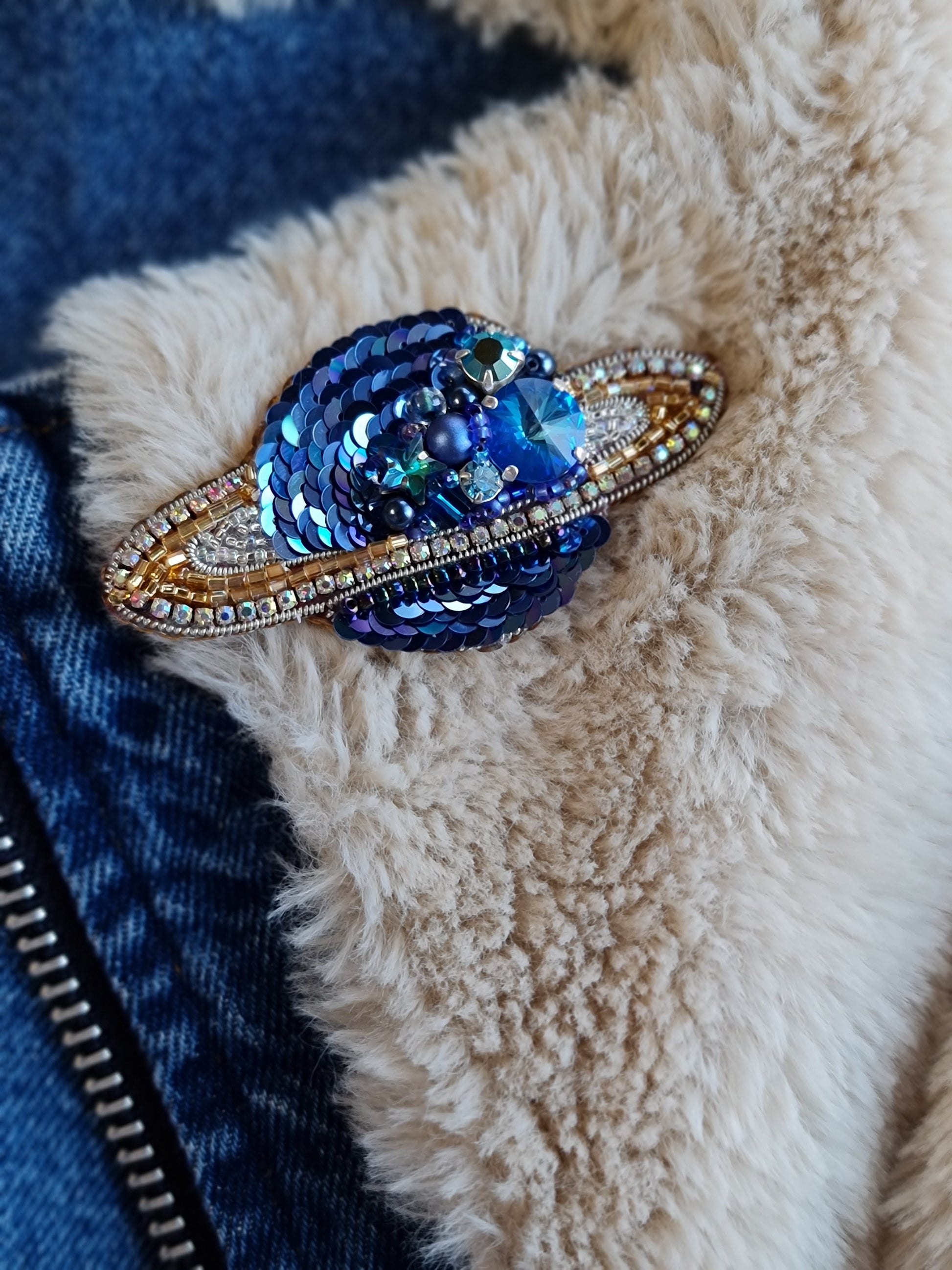 Saturn Planet Beaded Brooch