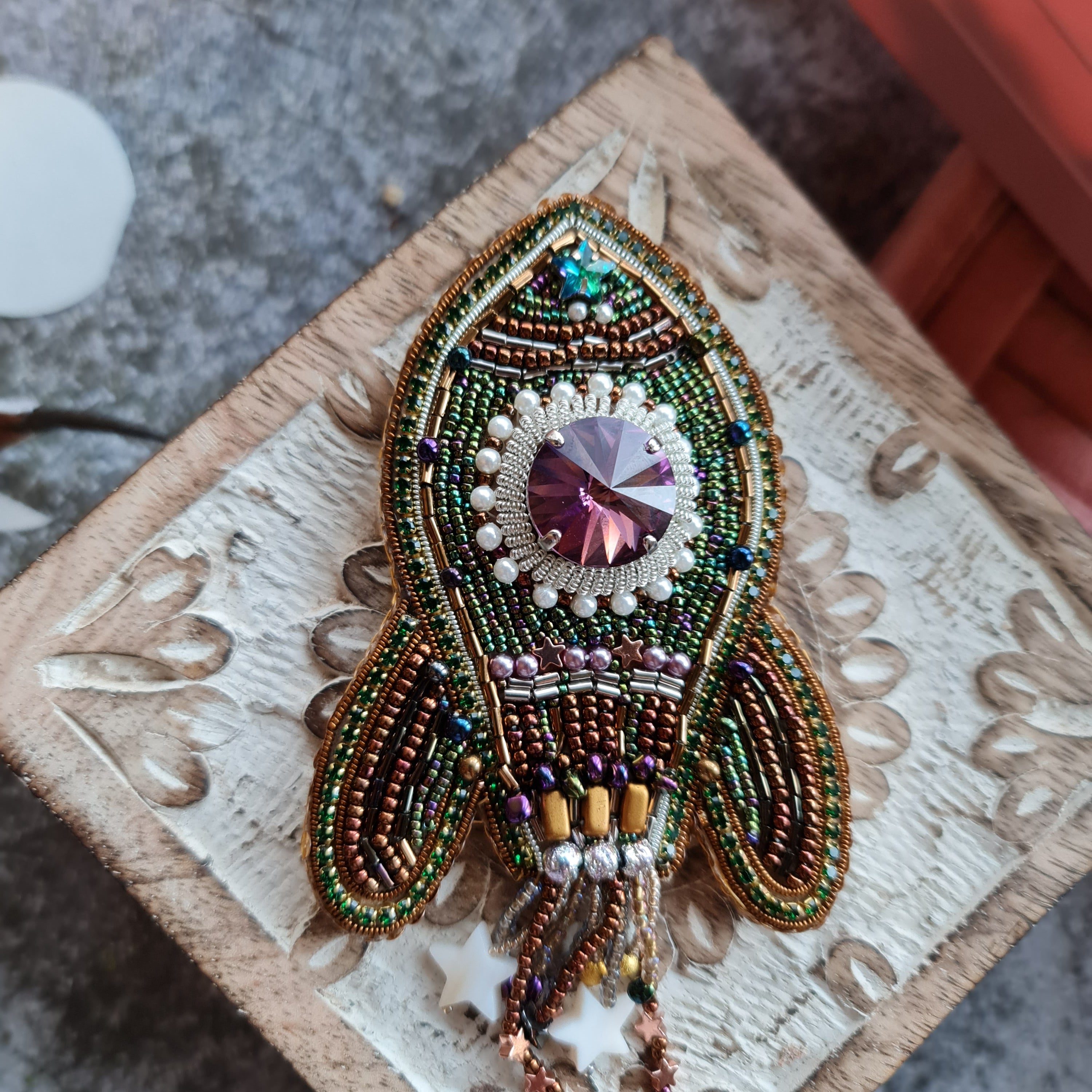 Rocket beaded brooches hand embroidered in silver rose gold and green purple colors with crystals pearls and celestial details