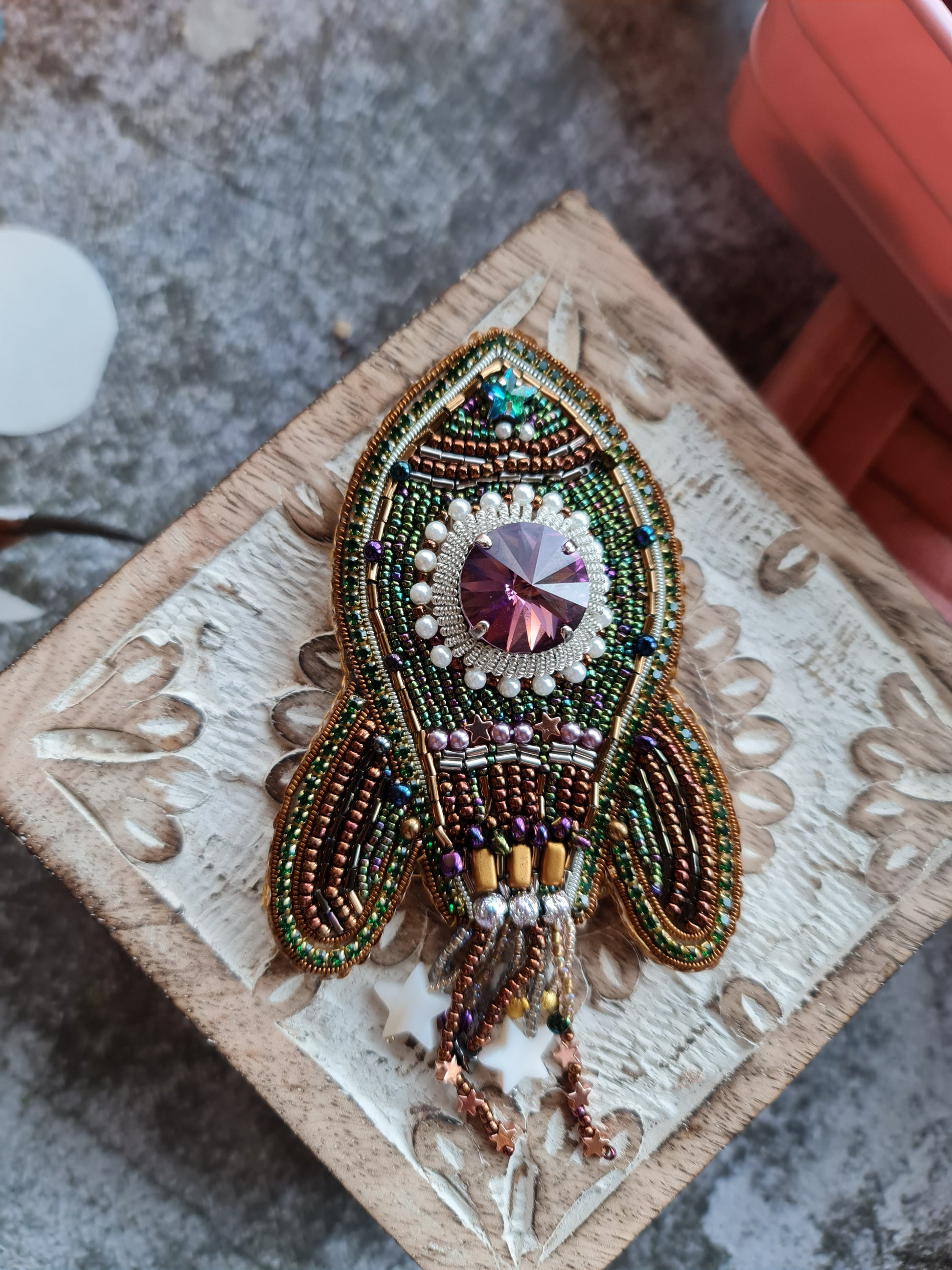 Rocket beaded brooches hand embroidered in silver rose gold and green purple colors with crystals pearls and celestial details