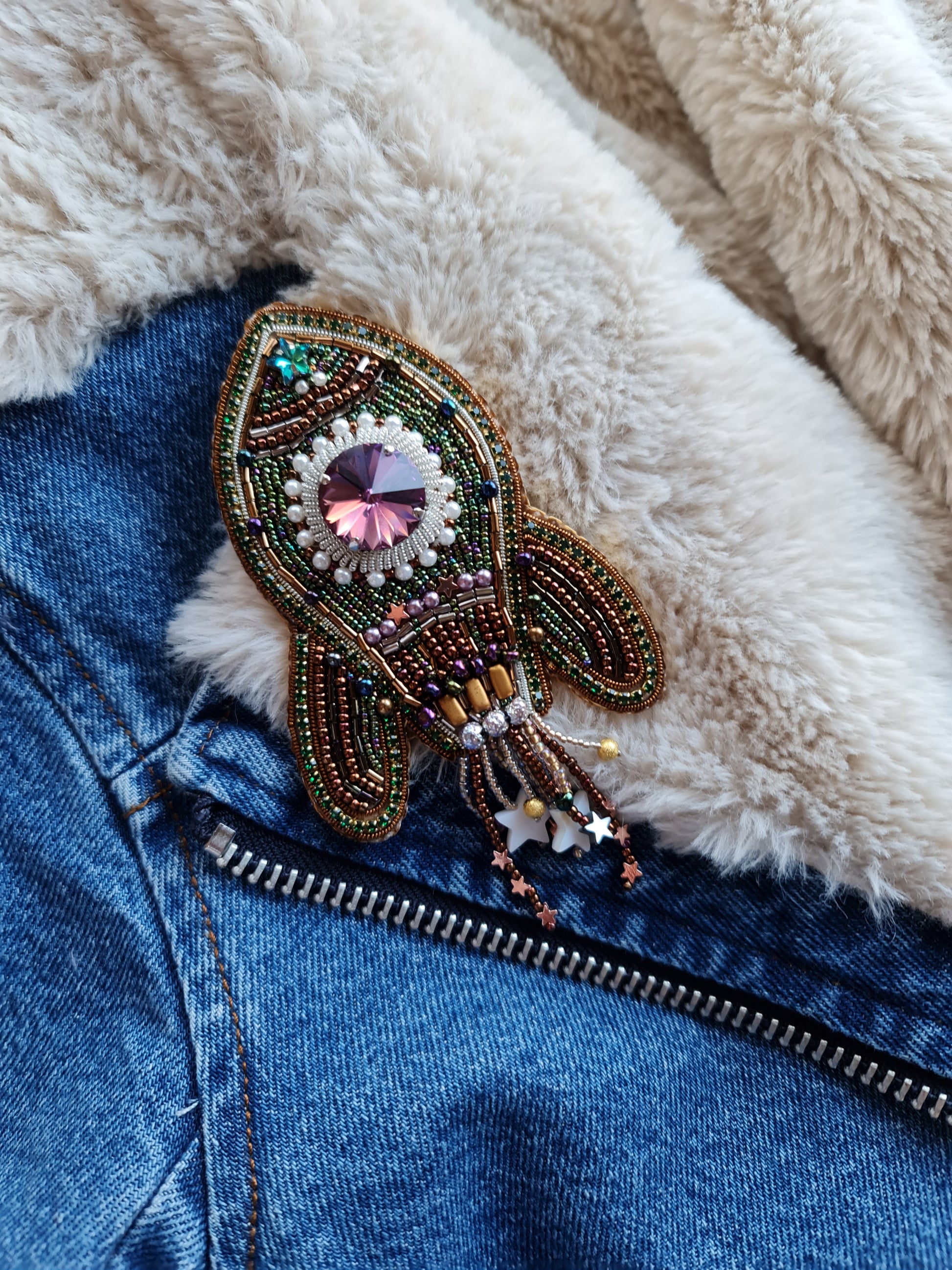 Rocket Beaded Brooch, Hand Embroidered Space Pin