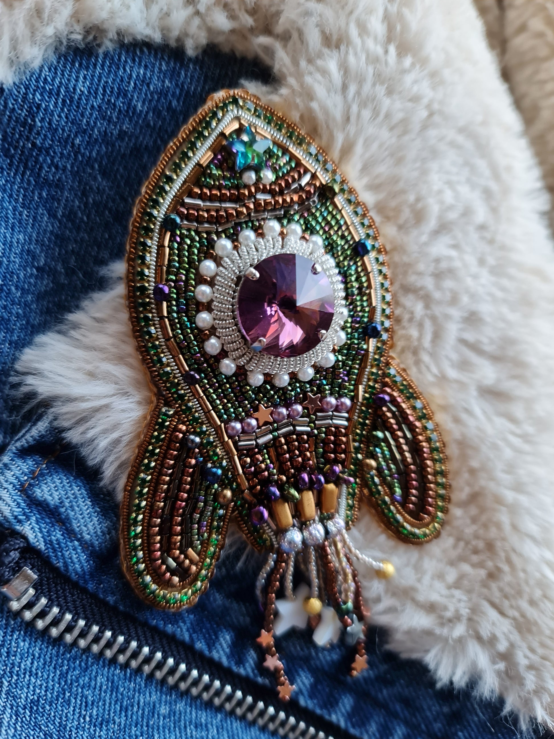 Rocket Beaded Brooch, Hand Embroidered Space Pin