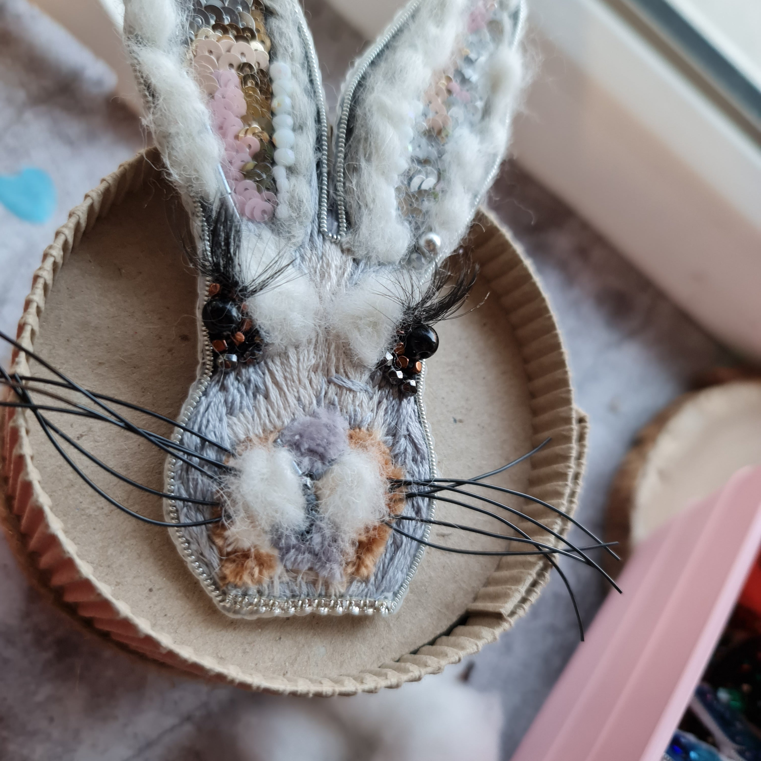 Gray Bunny Face Beaded Brooch