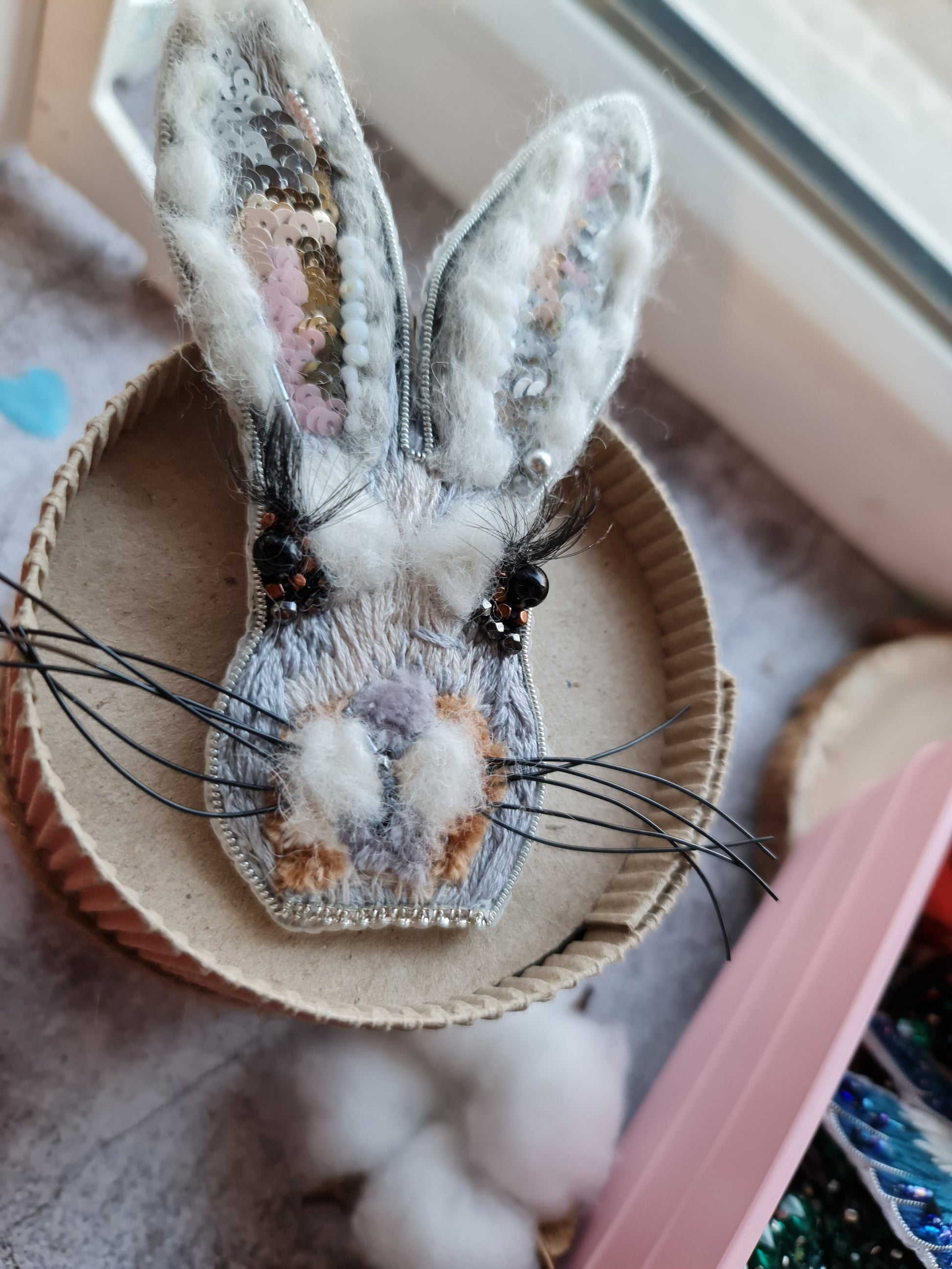 Gray Bunny Face Beaded Brooch