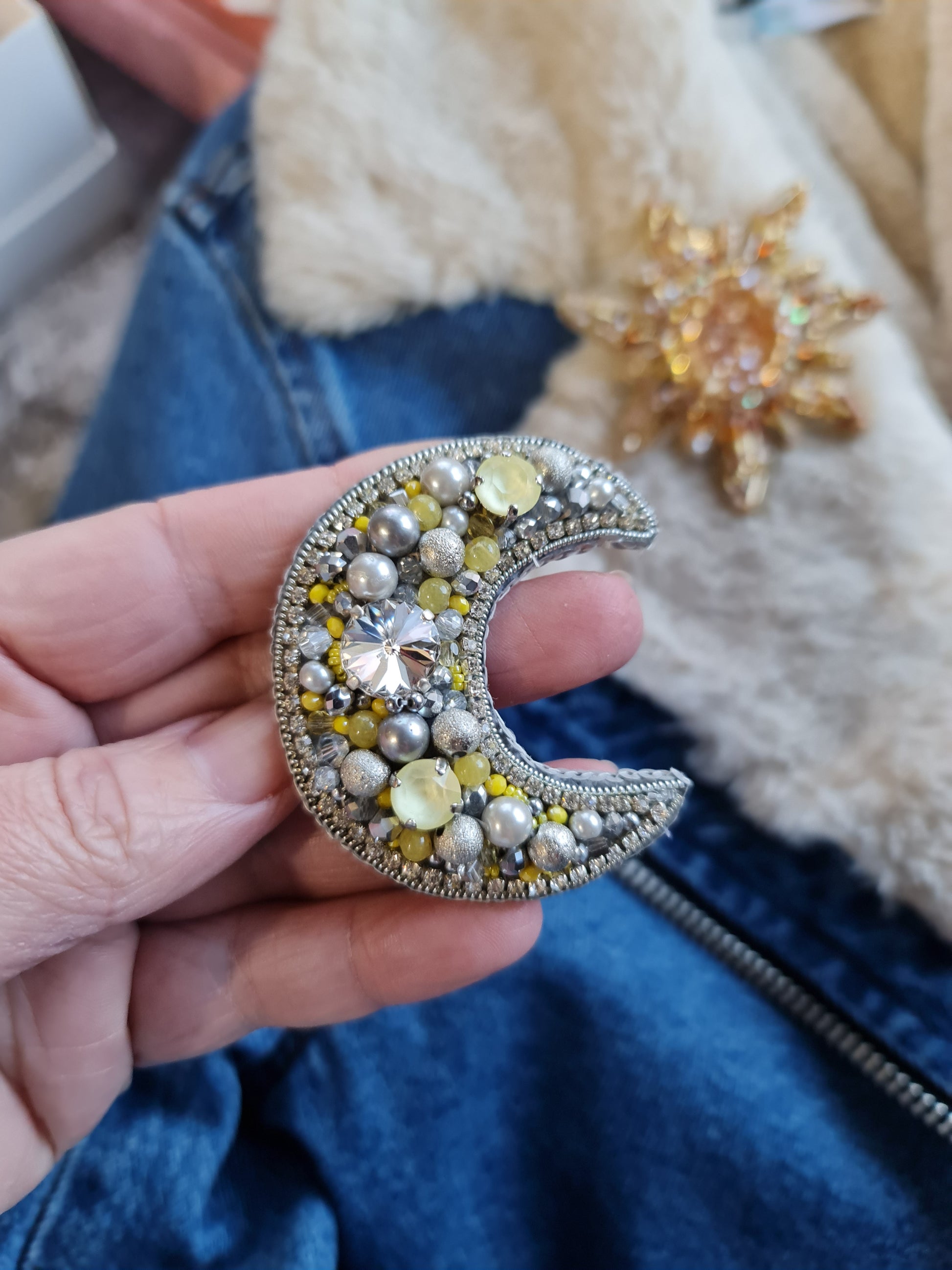 Sun and Moon Beaded Brooch