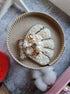 Round pearl shell beaded brooch hand embroidered with pearls crystals and beads in soft ivory and champagne tones