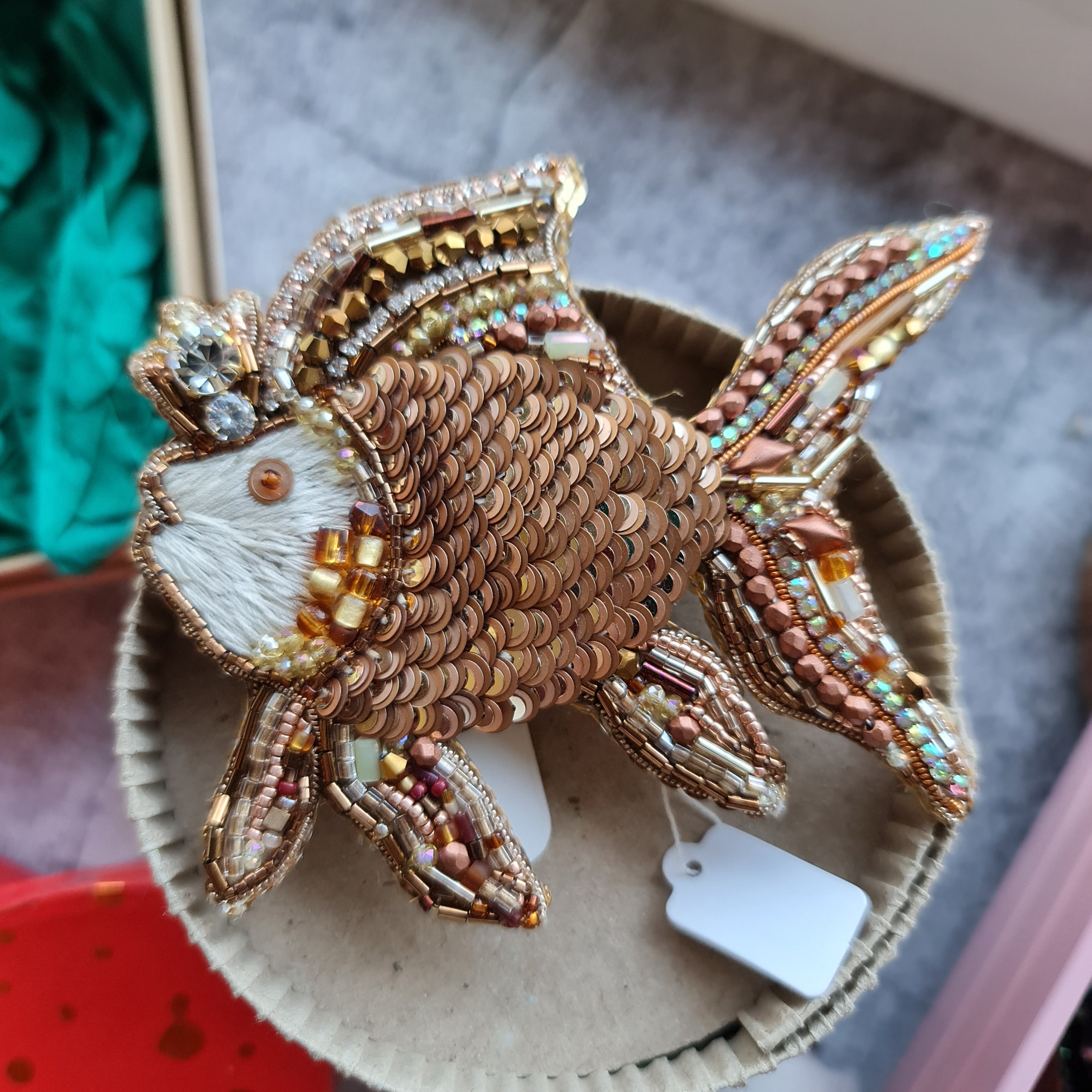 Gold fish beaded brooch hand embroidered with sequins beads crystals and metallic details