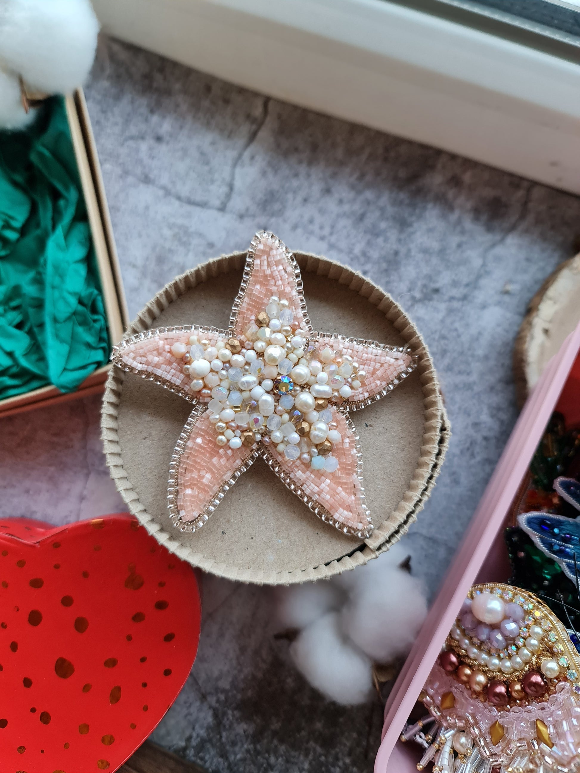 Peach starfish beaded brooch hand embroidered with pearls crystals and delicate bead details