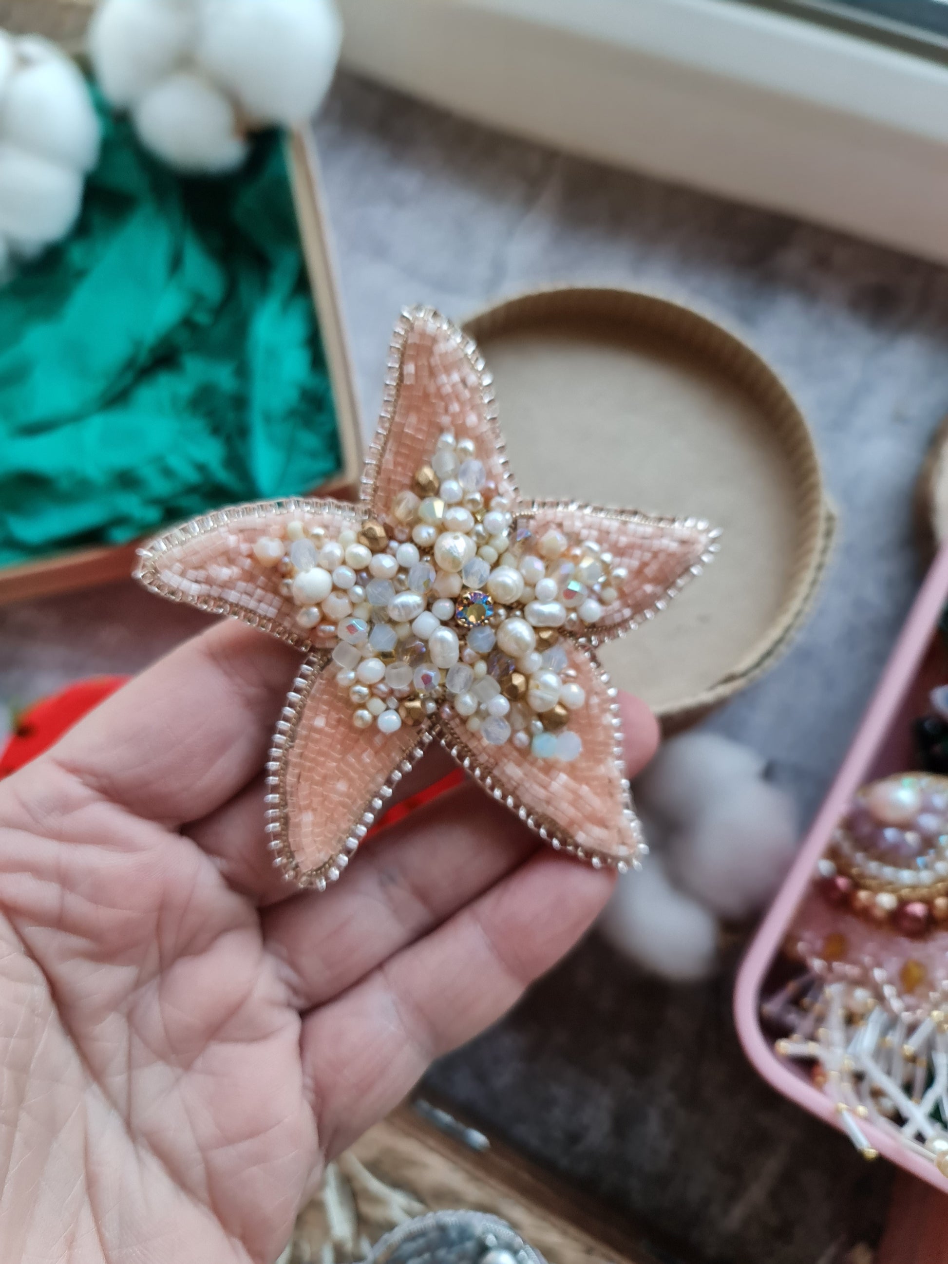 Peach Starfish Beaded Brooch