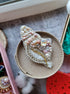 Spiral pearl shell beaded brooch hand embroidered with pearls crystals and beads in ivory blush and gold tones