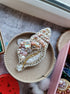 Spiral pearl shell beaded brooch hand embroidered with pearls crystals and beads in ivory blush and gold tones