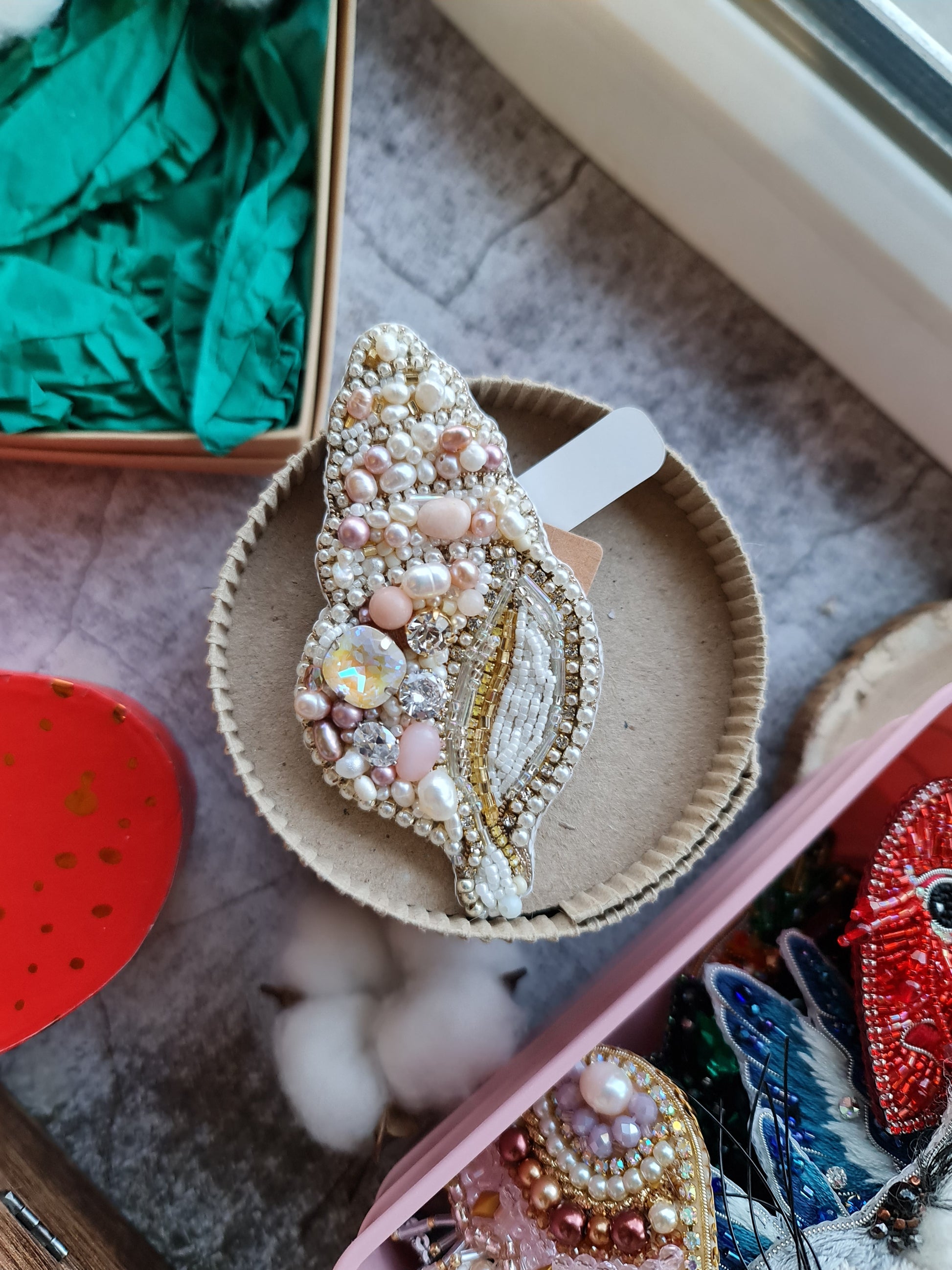 Spiral Pearl Shell Beaded Brooch